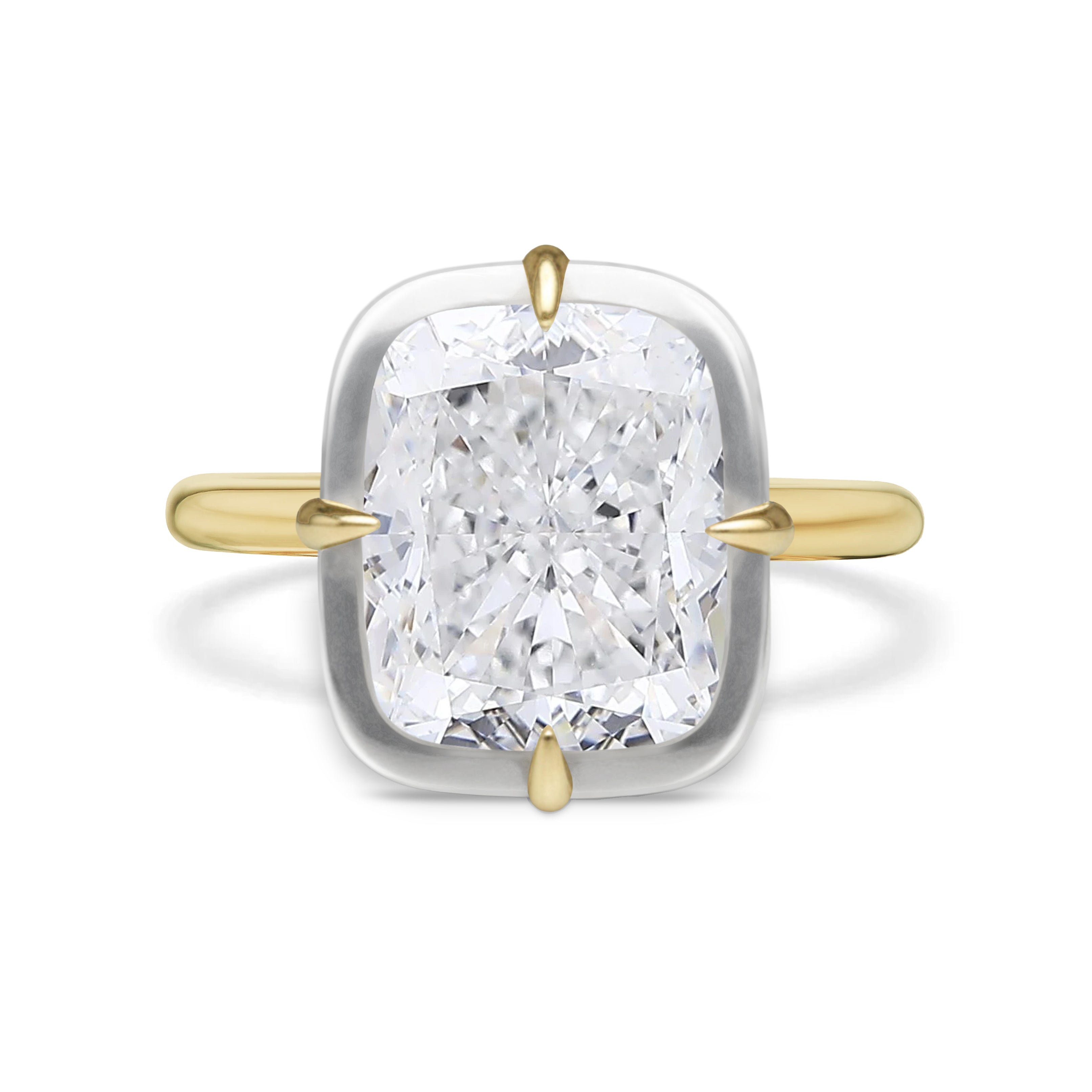 The Collet Set Cushion Cut Diamond Engagement Ring features a white gold bezel, yellow gold band and prongs, and is shown against a white background.