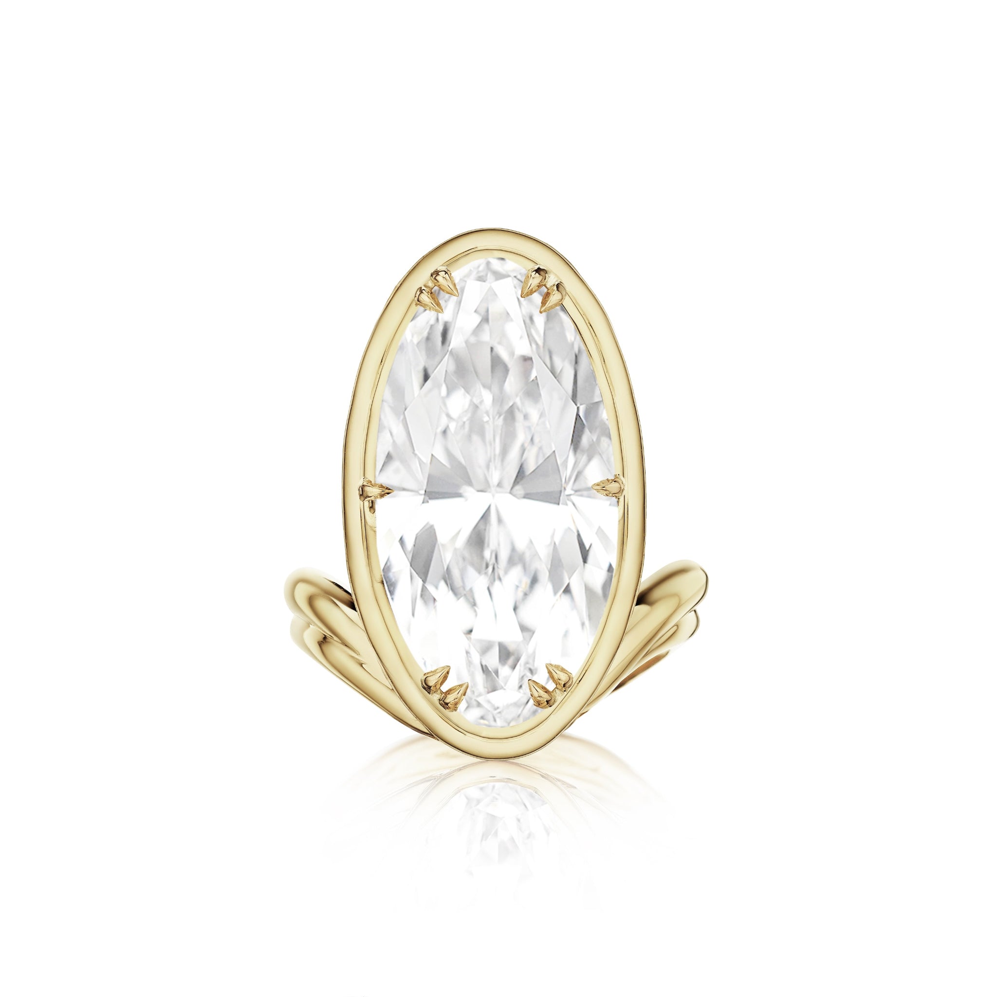 The Collet Set Elongated Oval Diamond Perch Engagement Ring in 18k Yellow Gold features a vertically set oval diamond on a sleek double band, shown against a white background.