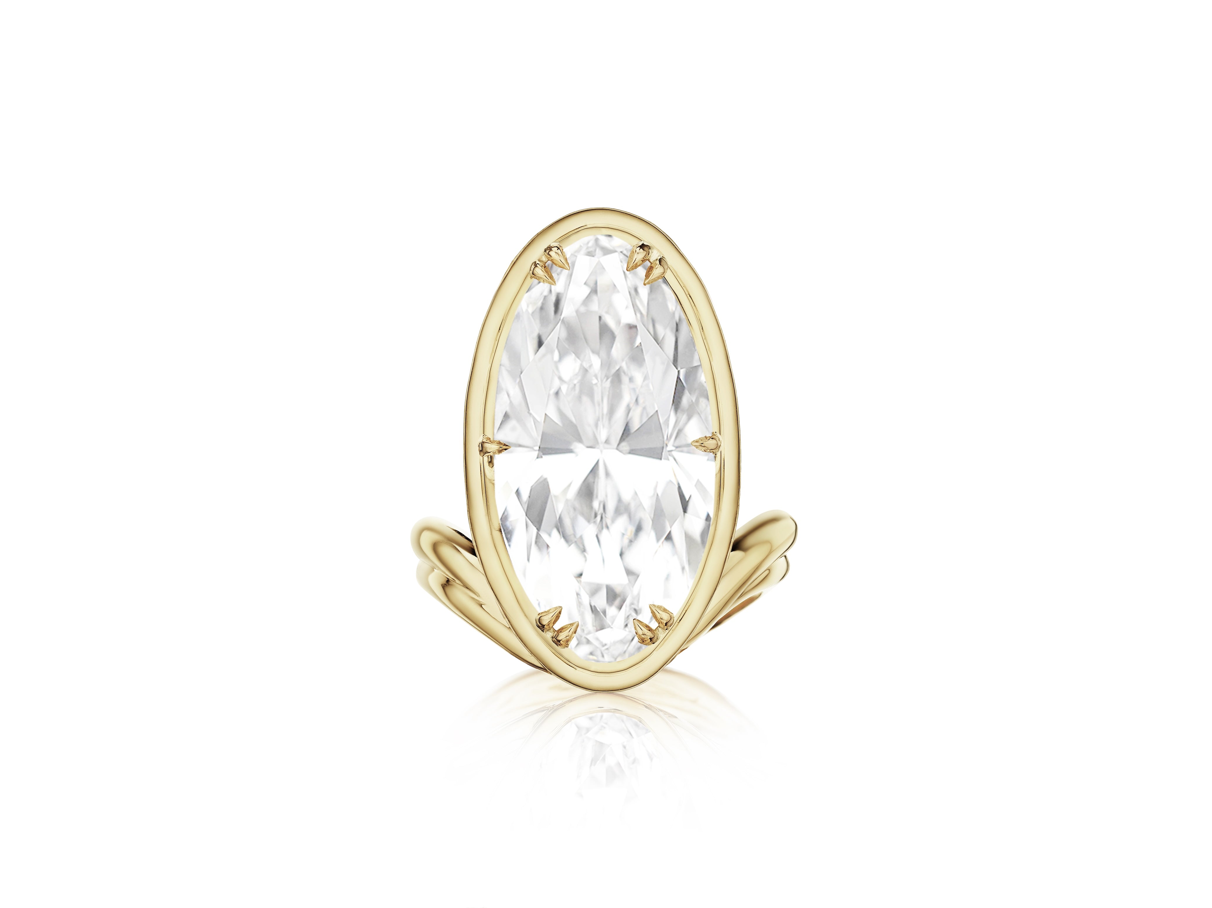 The Collet Set Elongated Oval Diamond Perch Engagement Ring in 18k Yellow Gold features a vertically set oval diamond on a sleek double band, shown against a white background.