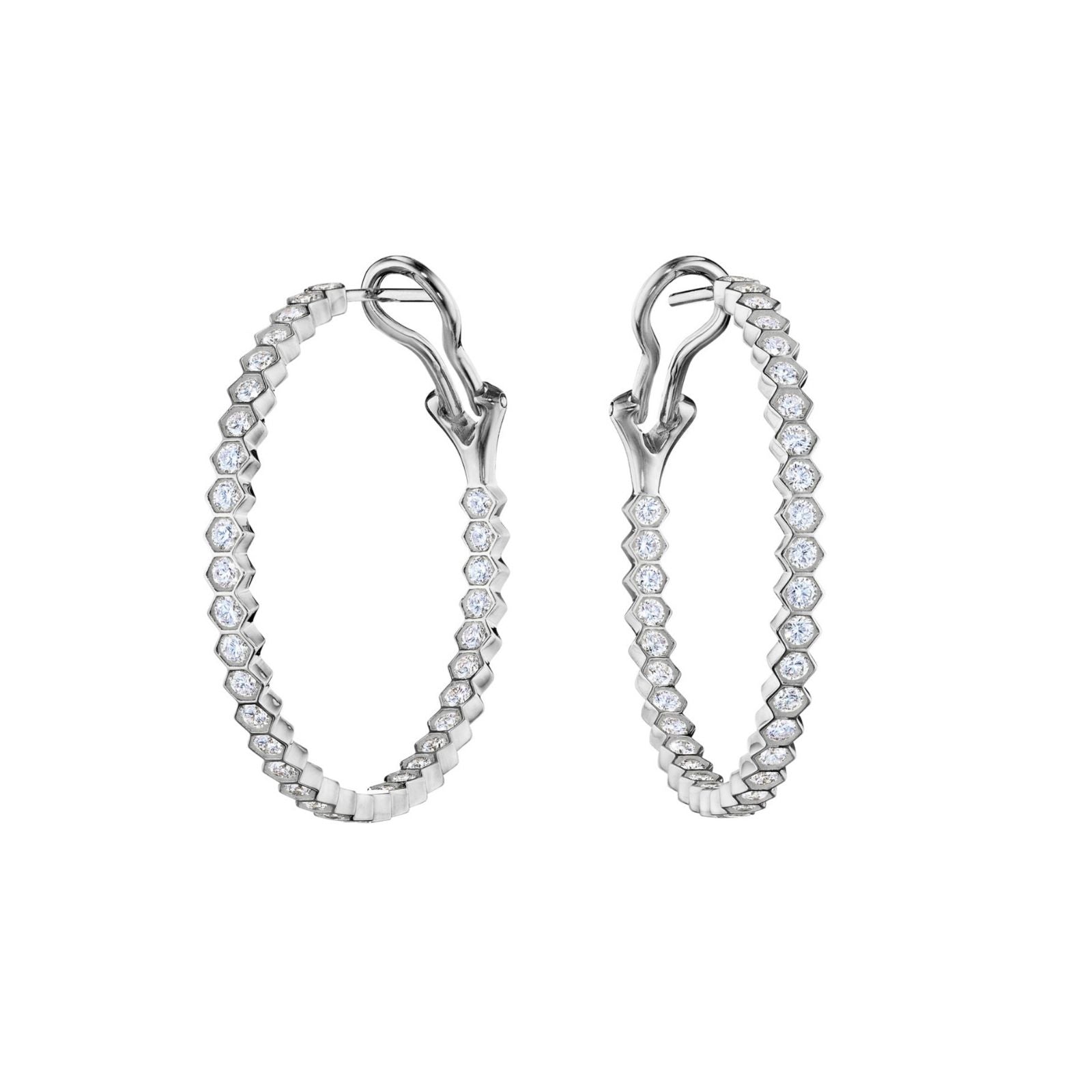 Bezel Set Hexagon Hoops with Round Brilliant Diamonds, featuring sparkling diamonds along the front edge, shown on a white background.