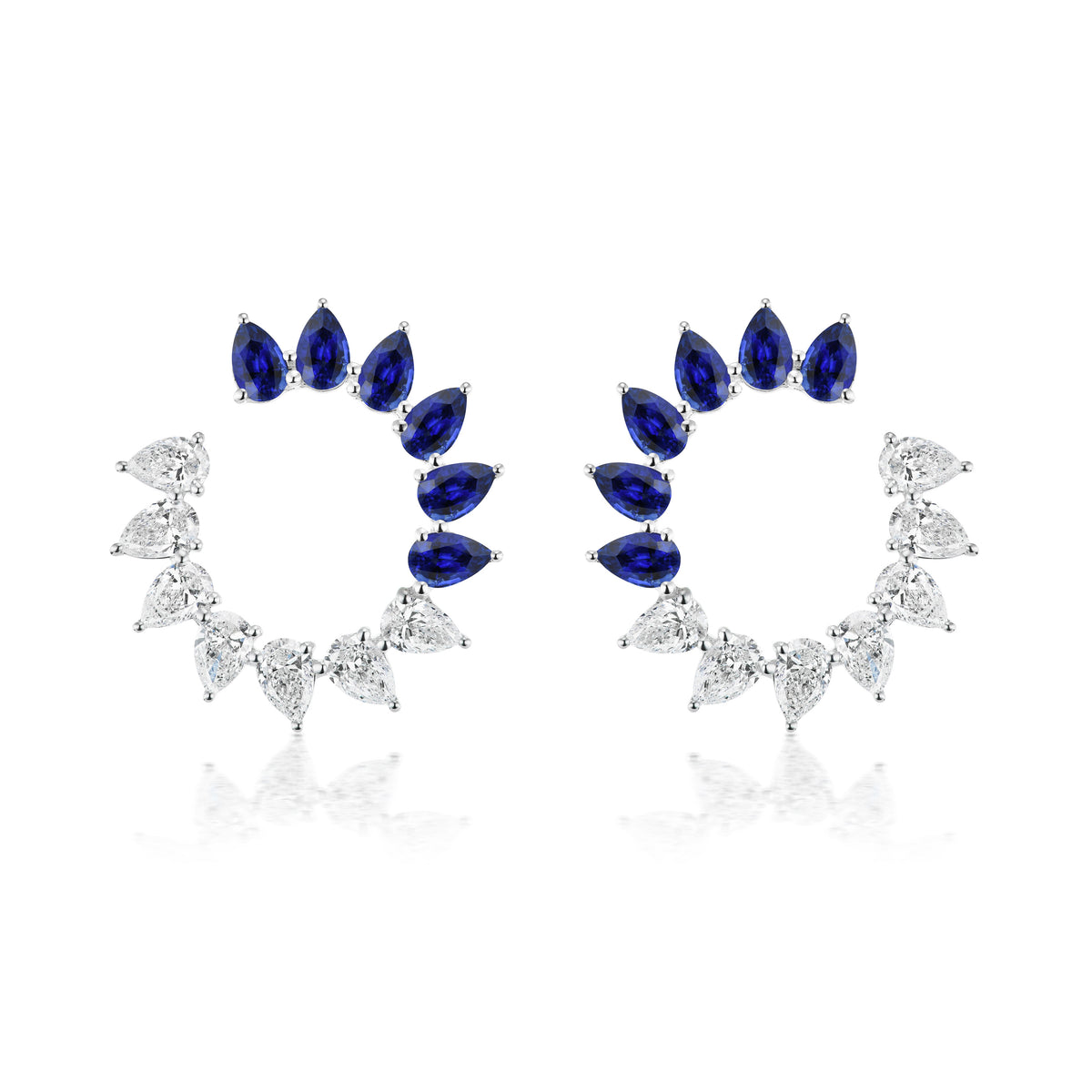 Sunshine Front-to-Back Earrings with Pear Shape Sapphires and Diamonds in White Gold