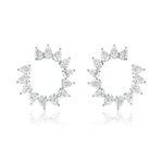 The Sunshine Motif Front-to-Back Hoops Small are circular white metal earrings featuring multiple G/H color, pear-shaped diamonds arranged around the hoop for a sparkling, elegant look.