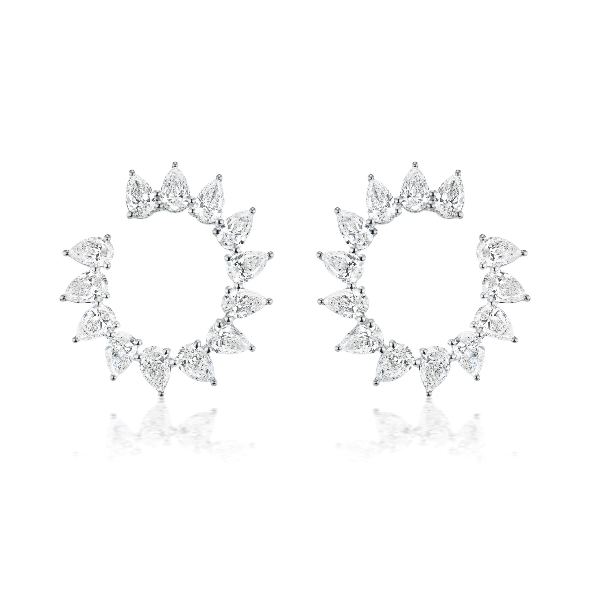 The Sunshine Front-to-Back Hoops Small are circular earrings crafted in 18k gold, featuring multiple pear-shaped diamonds arranged with pointed tips outward for a spiked, sun-inspired design—displayed on a white background.