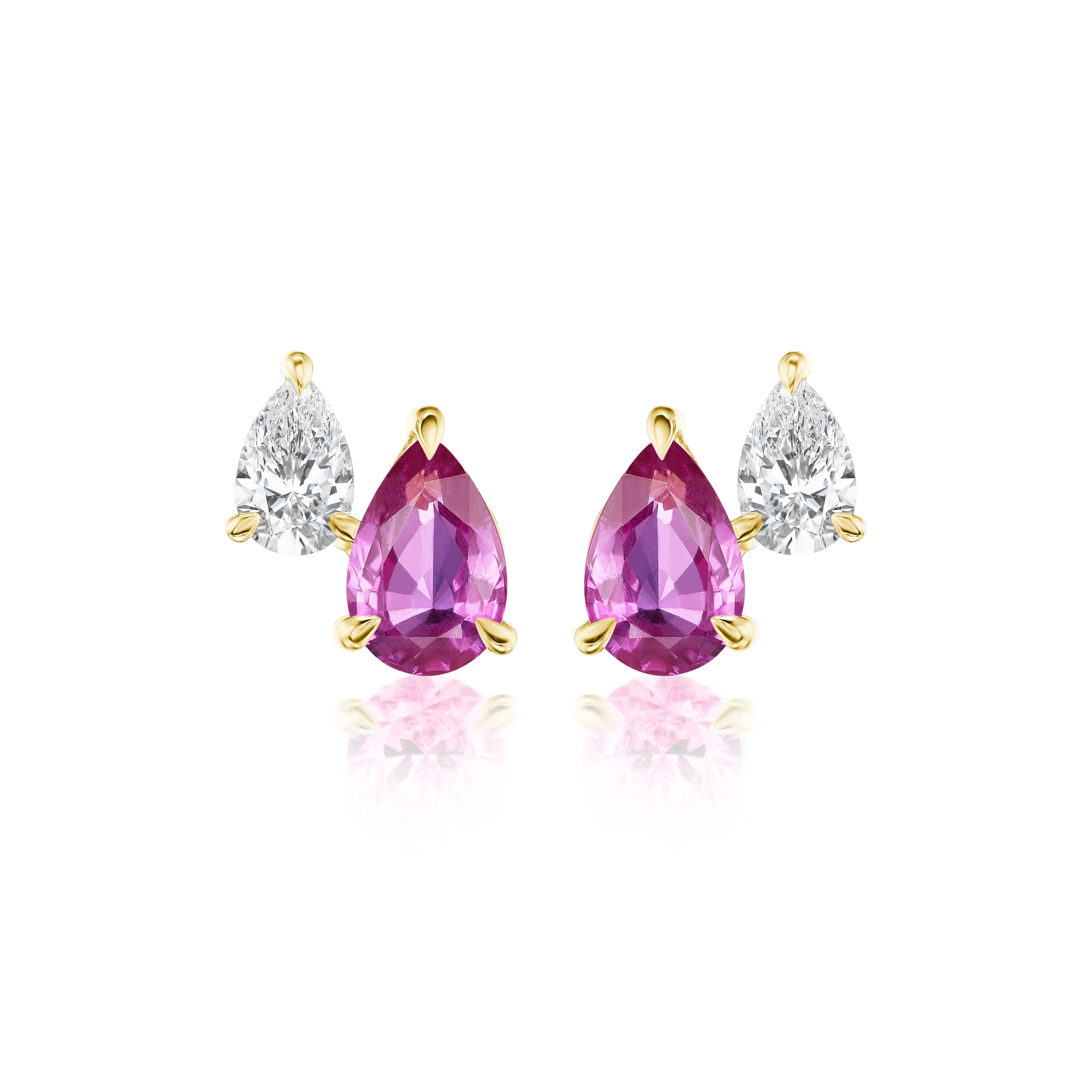The Duo Studs in Yellow Gold feature pear-shaped hot pink sapphires and smaller pear-shaped diamonds, set in 18K yellow gold, shown on a white background with a subtle reflection below.
