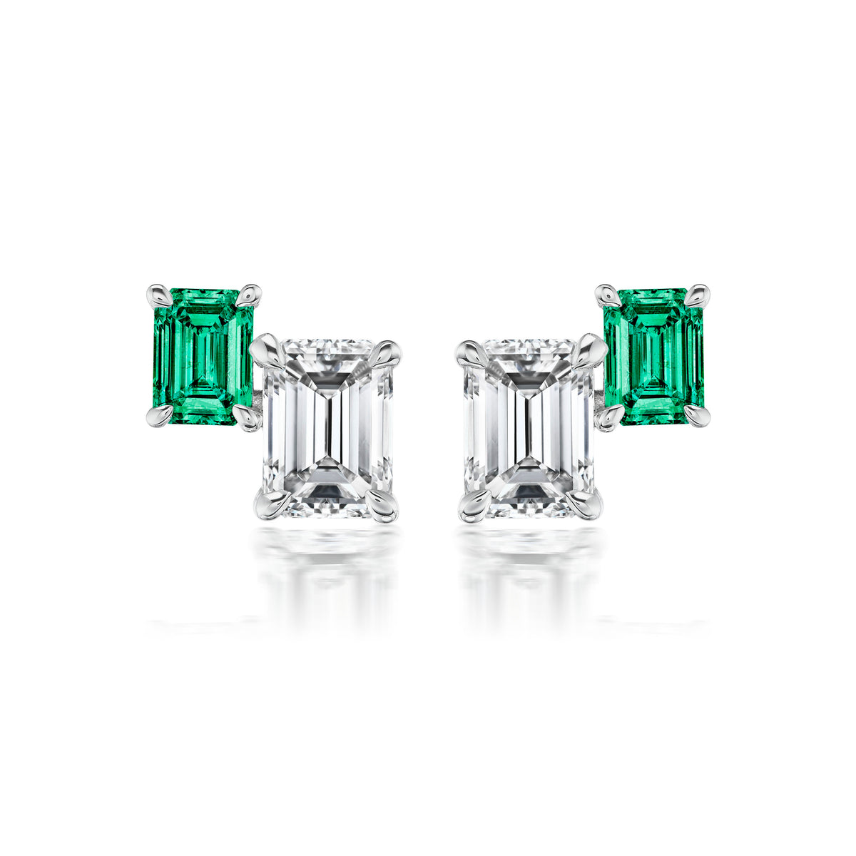 Duo Studs in White Gold with Emerald Cut Diamonds and Emeralds