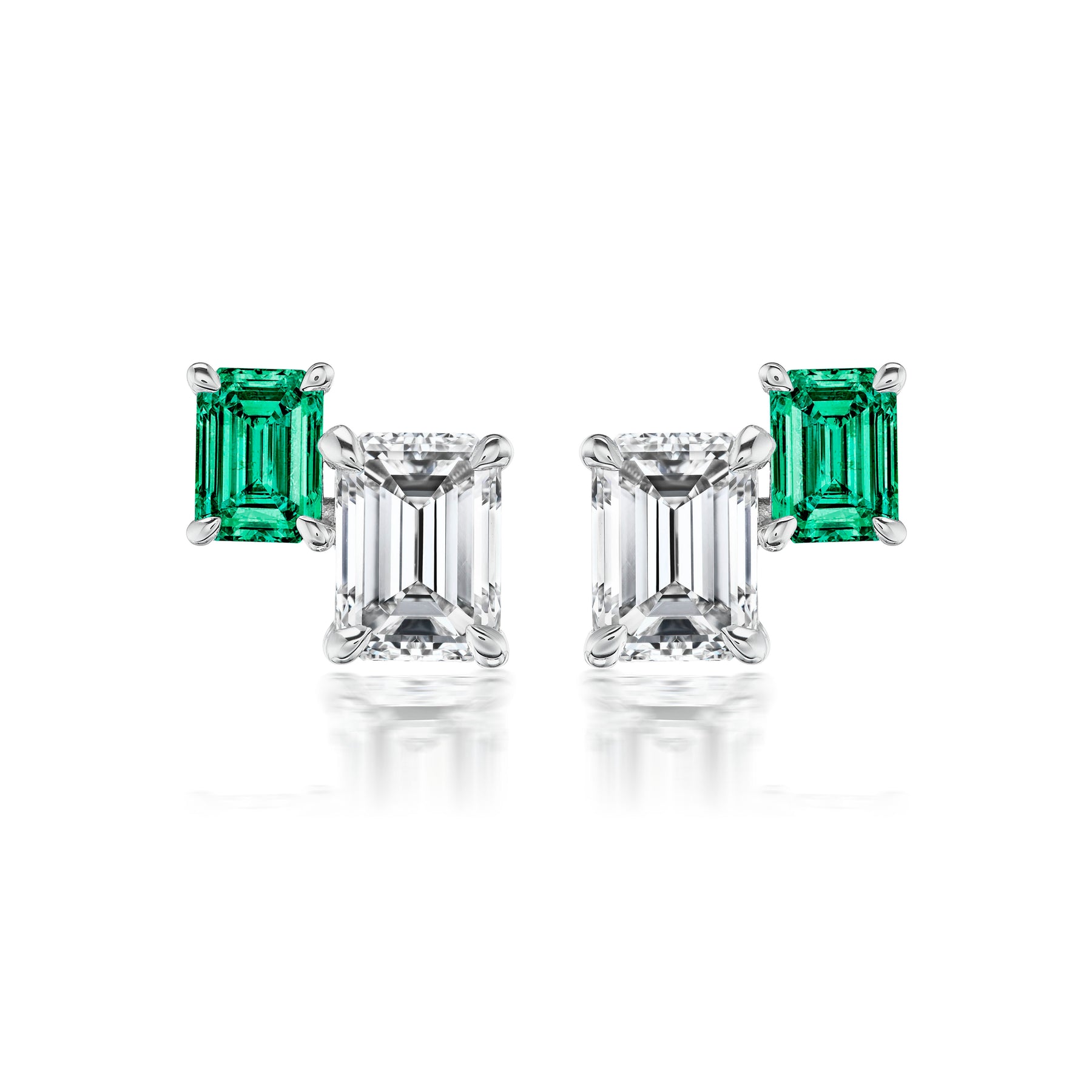 Duo Studs in White Gold with Emerald Cut Diamonds and Emeralds