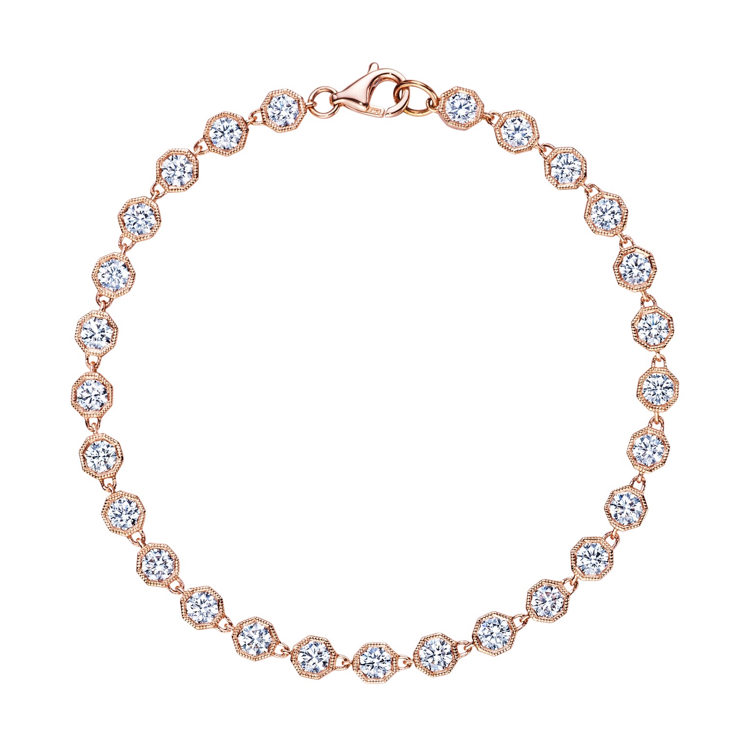 The Milgrain Hexagon Bezel Set Garland Bracelet in rose gold features round brilliant diamonds in decorative bezels, arranged in a continuous design and fastened with a lobster clasp.