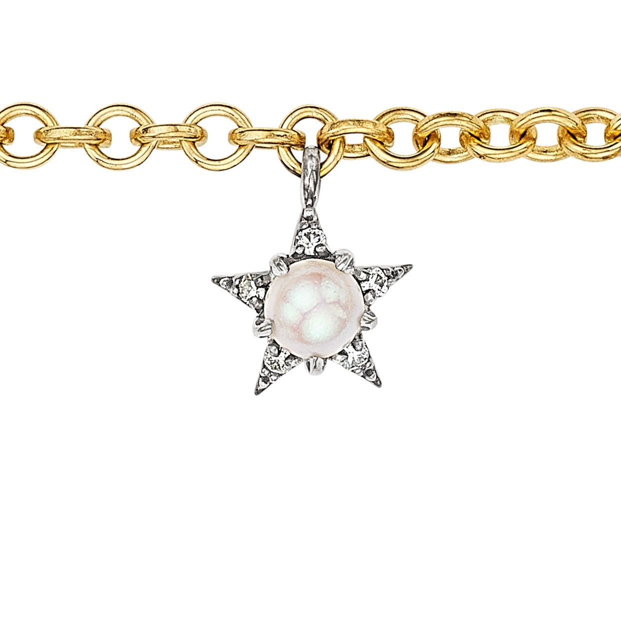 A beautiful yellow gold charm bracelet from the America250 capsule collection, featuring rubies, pearls, sapphires, and diamonds—an elegant statement piece.