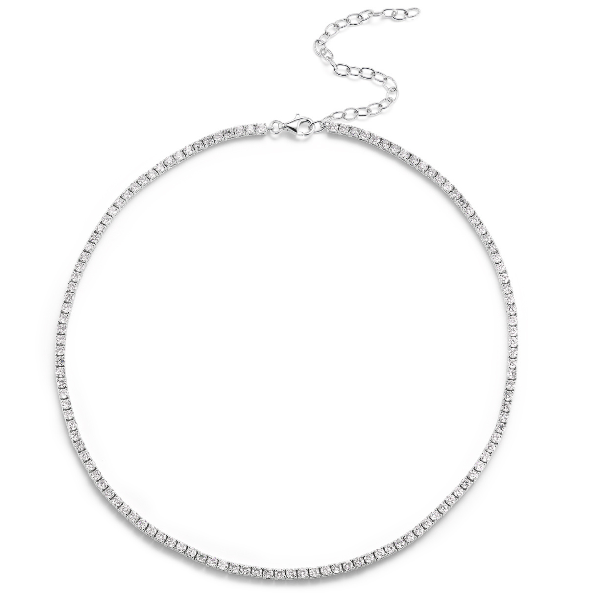 The Adjustable Round Brilliant Diamond Tennis Necklace features small, evenly spaced clear stones and a delicate silver chain with a lobster clasp for easy adjustment.