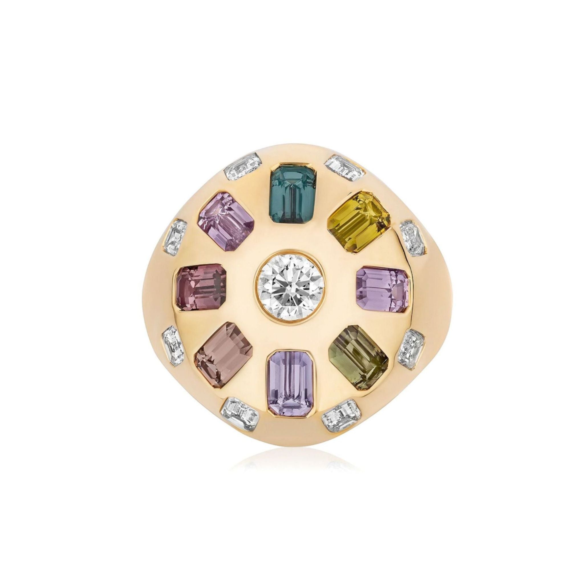Introducing the Confetti Bombé Ring: a striking cocktail ring meticulously crafted in 18k yellow gold, showcasing a central round diamond encircled by vibrant rectangular gemstones and sparkling small diamonds arranged in a circular motif. The Confetti Bombé Ring also offers customizable stones, allowing you to personalize this elegant piece to reflect your unique style.