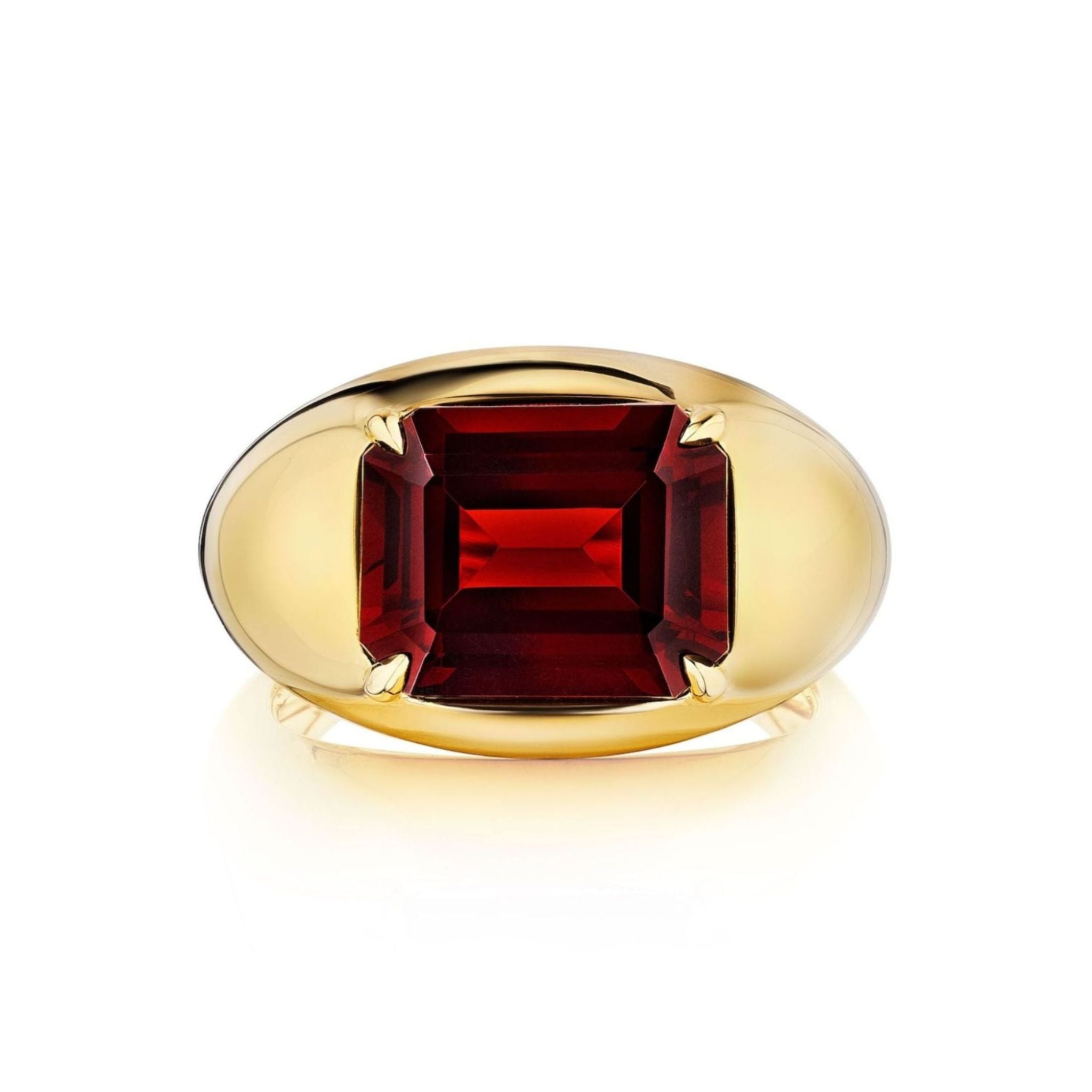 Introducing the Bombé Ring with East-West Set Emerald Cut Ruby in Yellow Gold: a captivating 18k yellow gold ring showcasing a large, east-west set emerald cut ruby at its center, elegantly framed by a smooth, oval gold band.