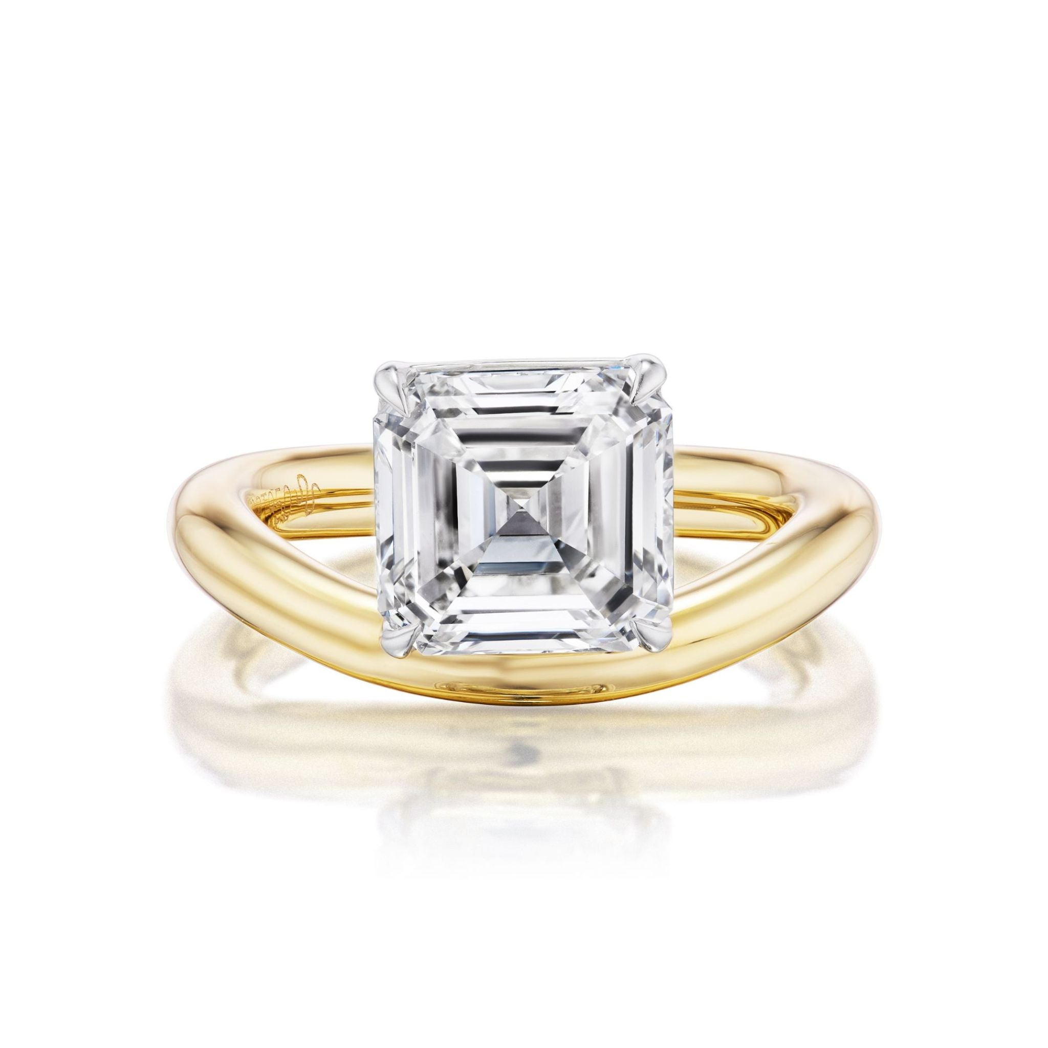 The Hover Pinky Ring in Yellow Gold showcases a striking Asscher cut diamond set prominently in 18k yellow gold, displayed against a white background.