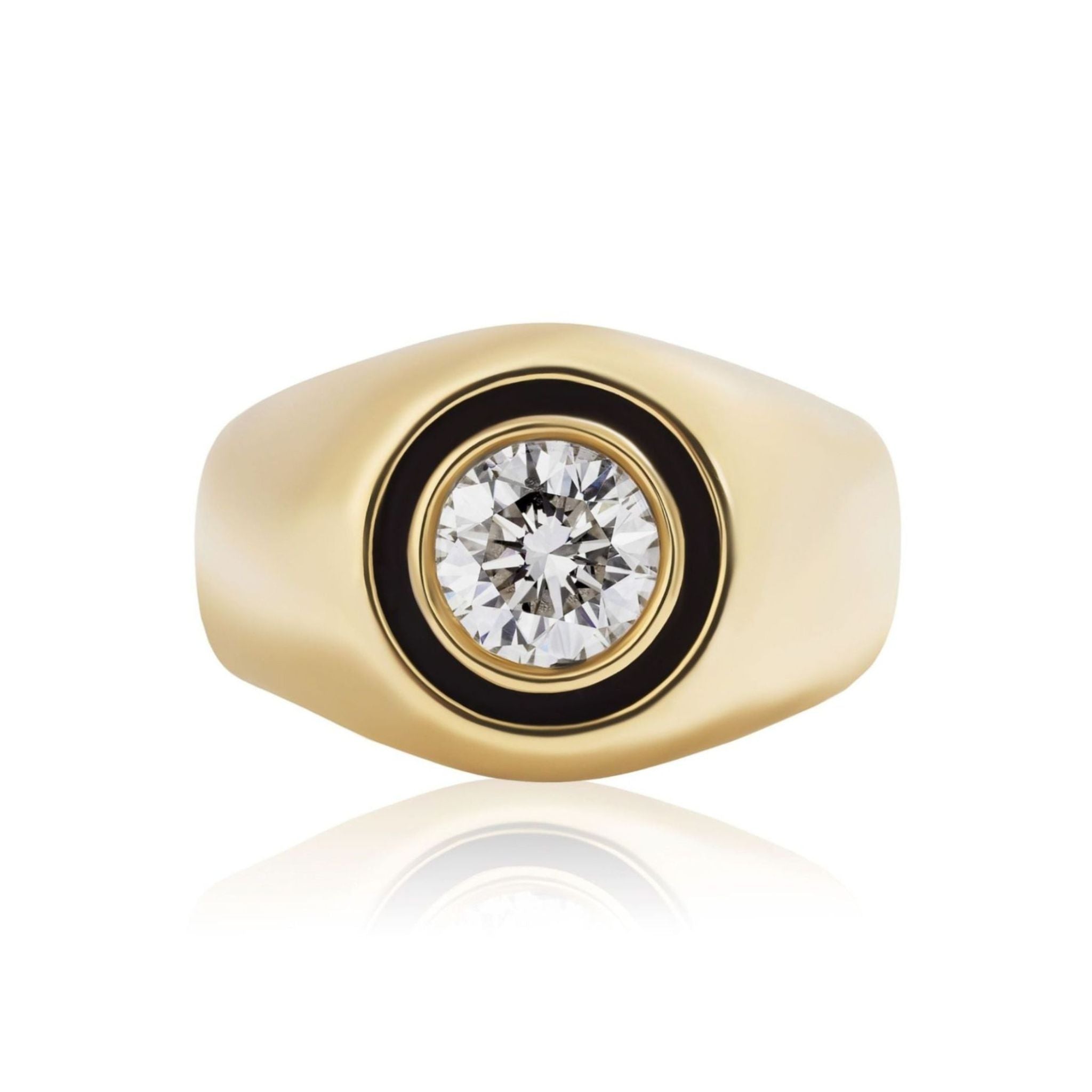 The Enamel Signet Ring in Yellow Gold with Round Brilliant Diamond features an 18k yellow gold band set with a round brilliant diamond at its center, encircled by a delicate black enamel ring, displayed against a white background.