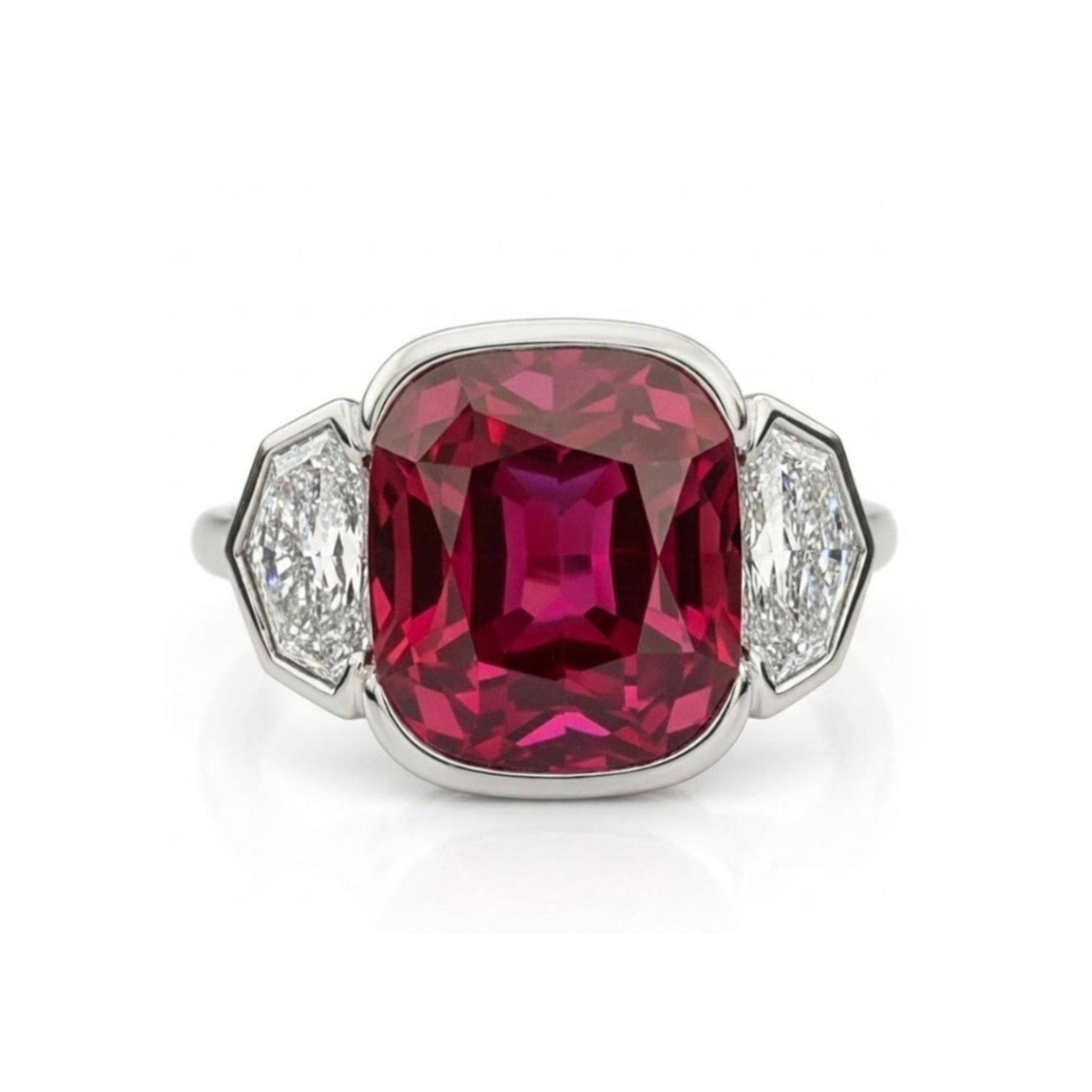 Certainly! Here’s the rewritten sentence using your product data: The Half Bezel Set Cushion Ruby Three Stone Ring with Epaulette Diamond Side Stones in White Gold showcases a striking cushion-cut ruby at the center, flanked on each side by shimmering epaulette-cut diamonds, all elegantly set in 18k white gold for a refined and sophisticated look.
