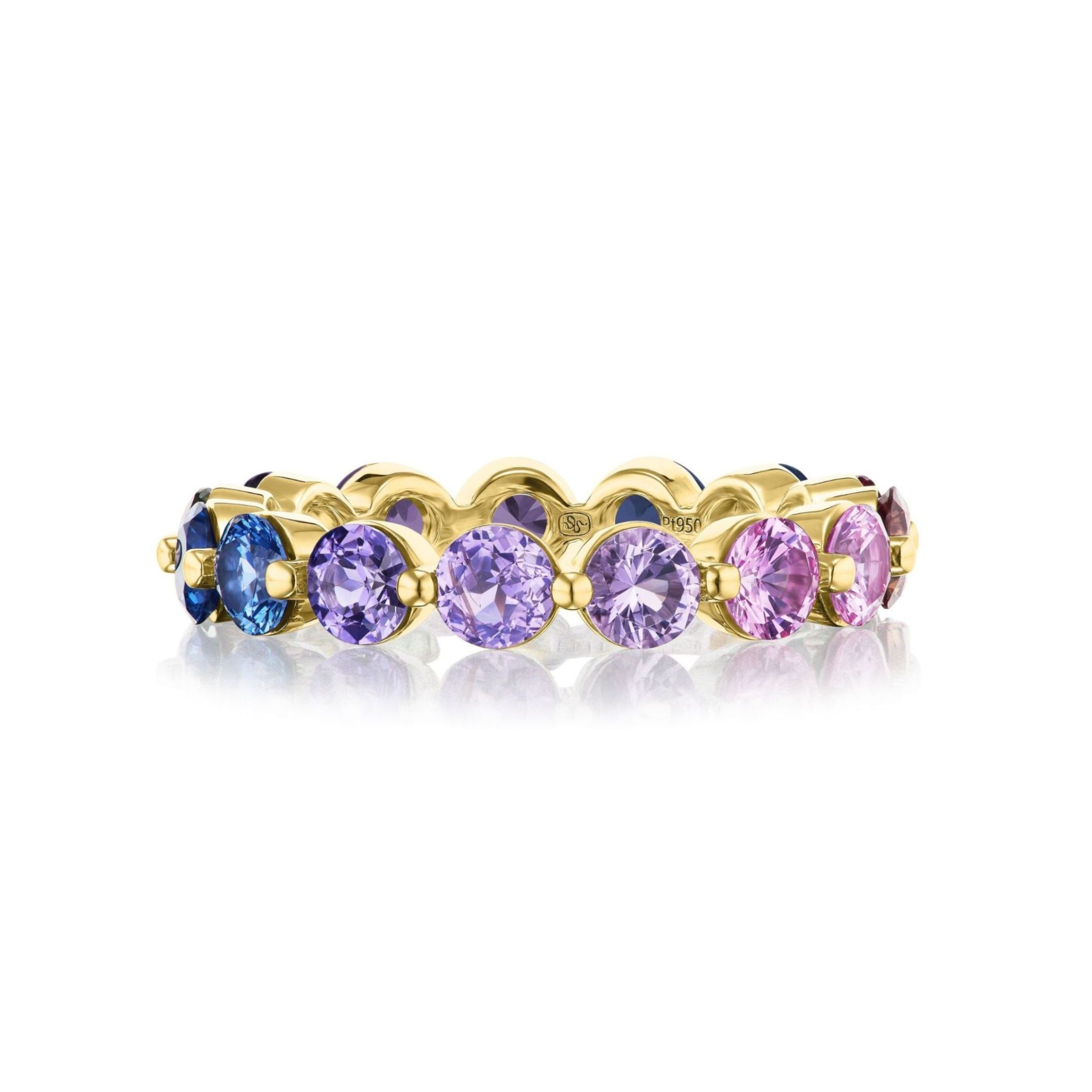 The Multicolor Round Sapphire Eternity Band in Yellow Gold showcases a continuous row of round blue and pink sapphires, expertly arranged in a gradient of blue, purple, and pink hues and set in an elegant 18k yellow gold band.