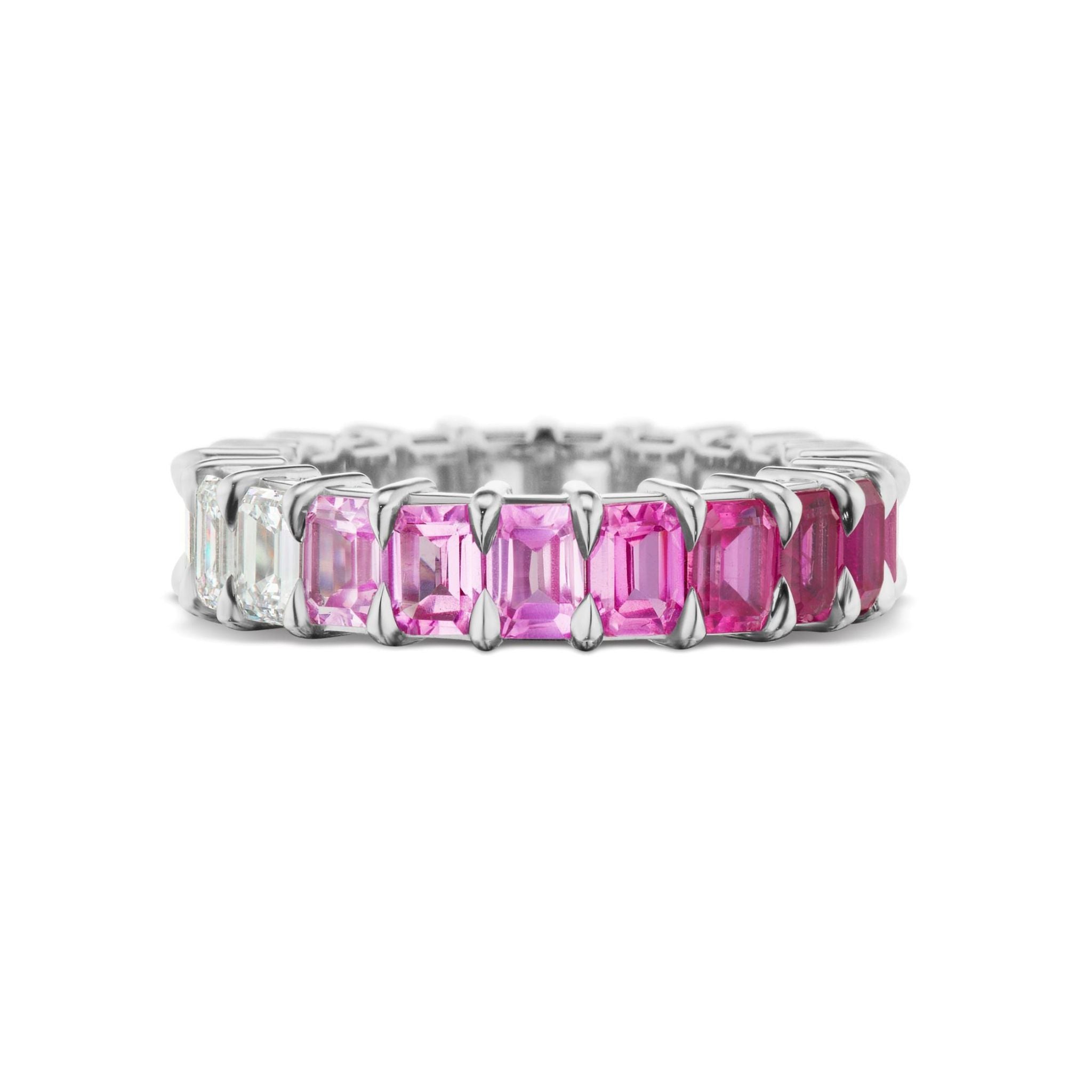 Introducing the Ombré Eternity Band, featuring a stunning continuous pattern of alternating emerald cut pink sapphires and white diamonds, each securely prong set in elegant silver.
