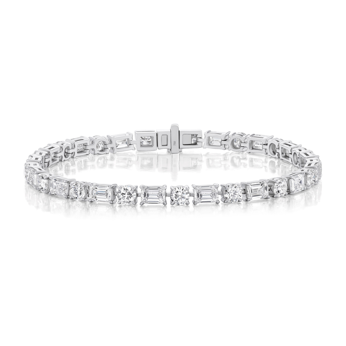 Alternating East-West Set Round and Emerald Cut Diamond Tennis Bracelet in White Gold