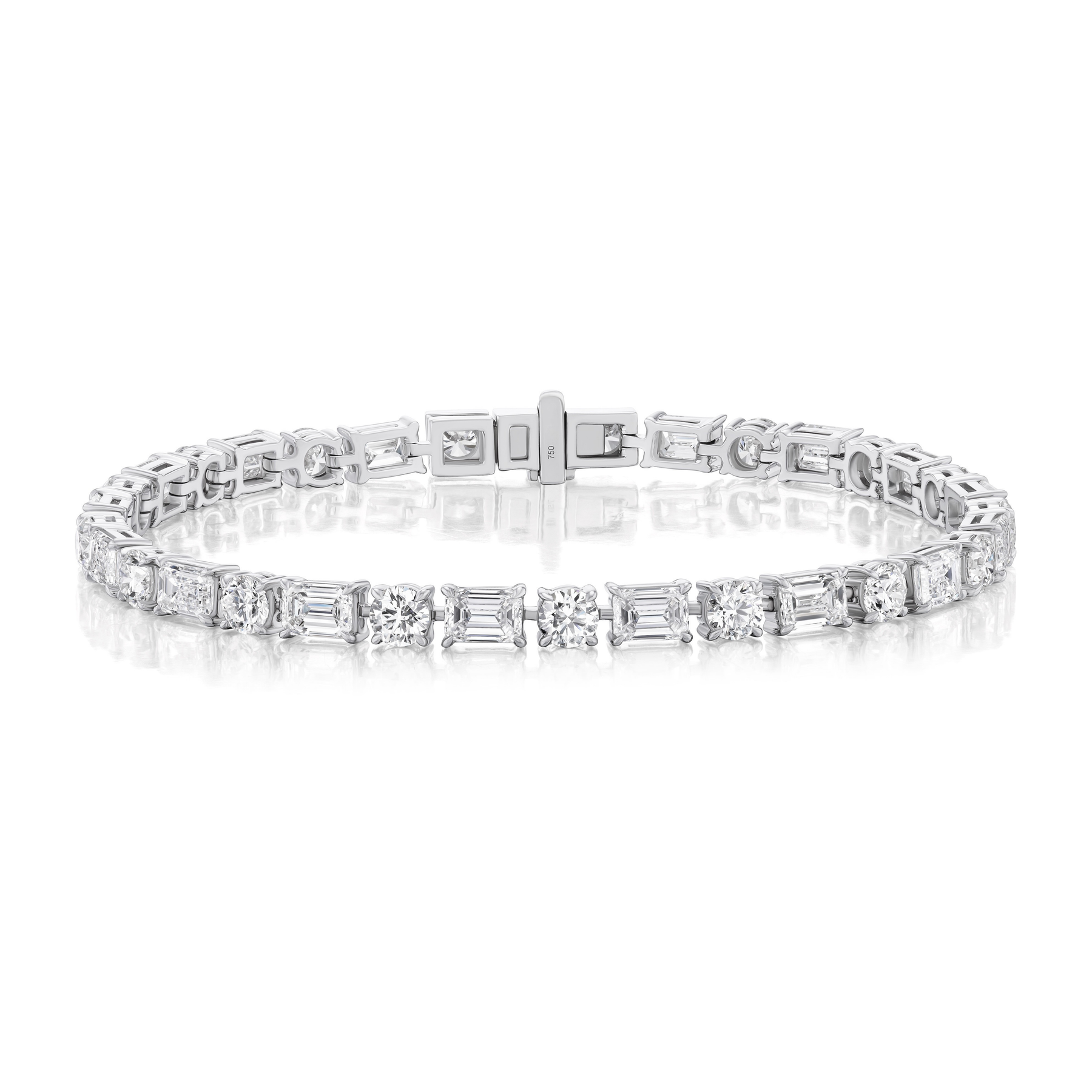 Alternating East-West Set Round and Emerald Cut Diamond Tennis Bracelet in White Gold