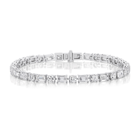 Alternating East-West Set Round and Emerald Cut Diamond Tennis Bracelet in White Gold