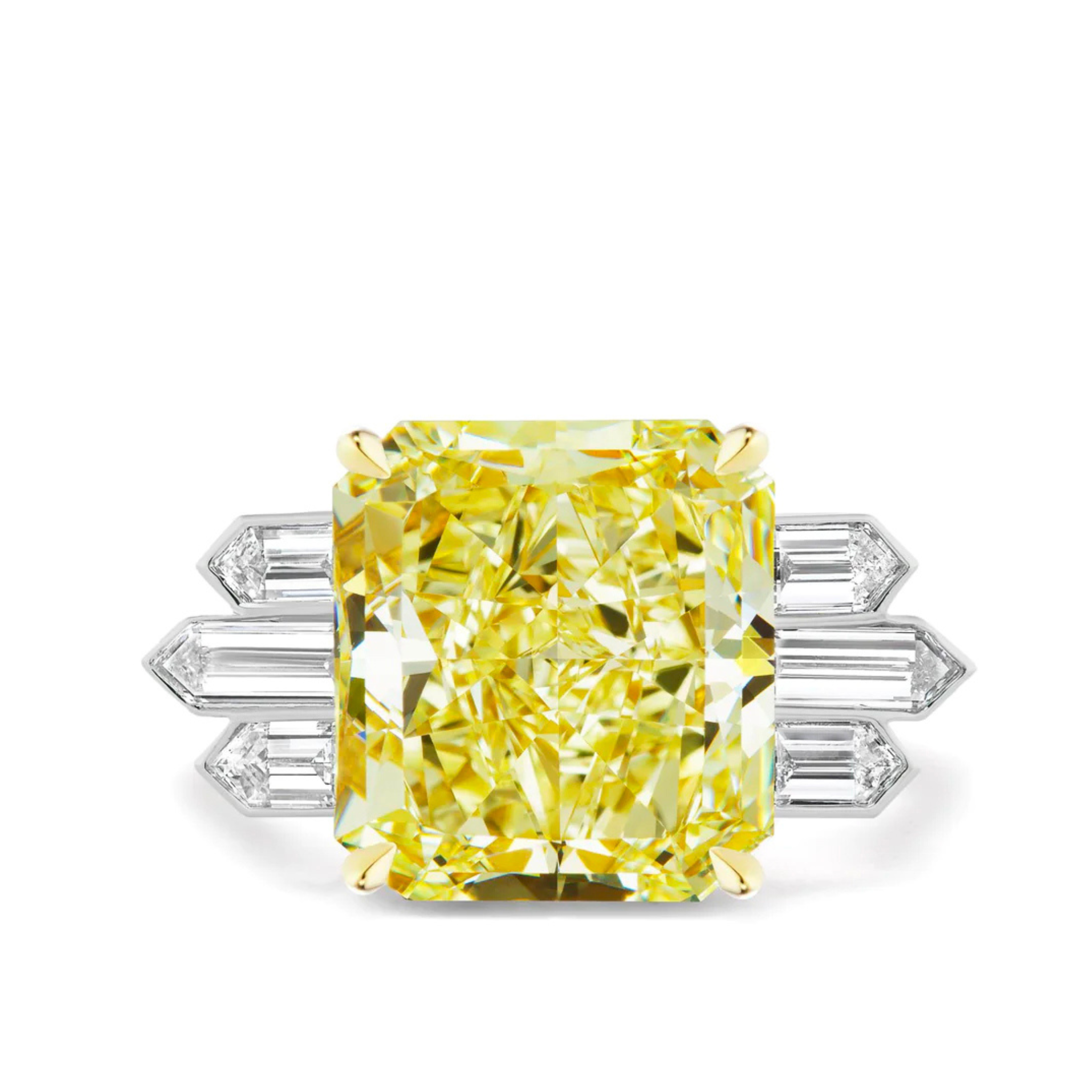 The Art Deco Engagement Ring features a fancy yellow radiant-cut diamond and bullet baguette side stones, displayed on a white background—ideal for anyone seeking a unique celebration ring.