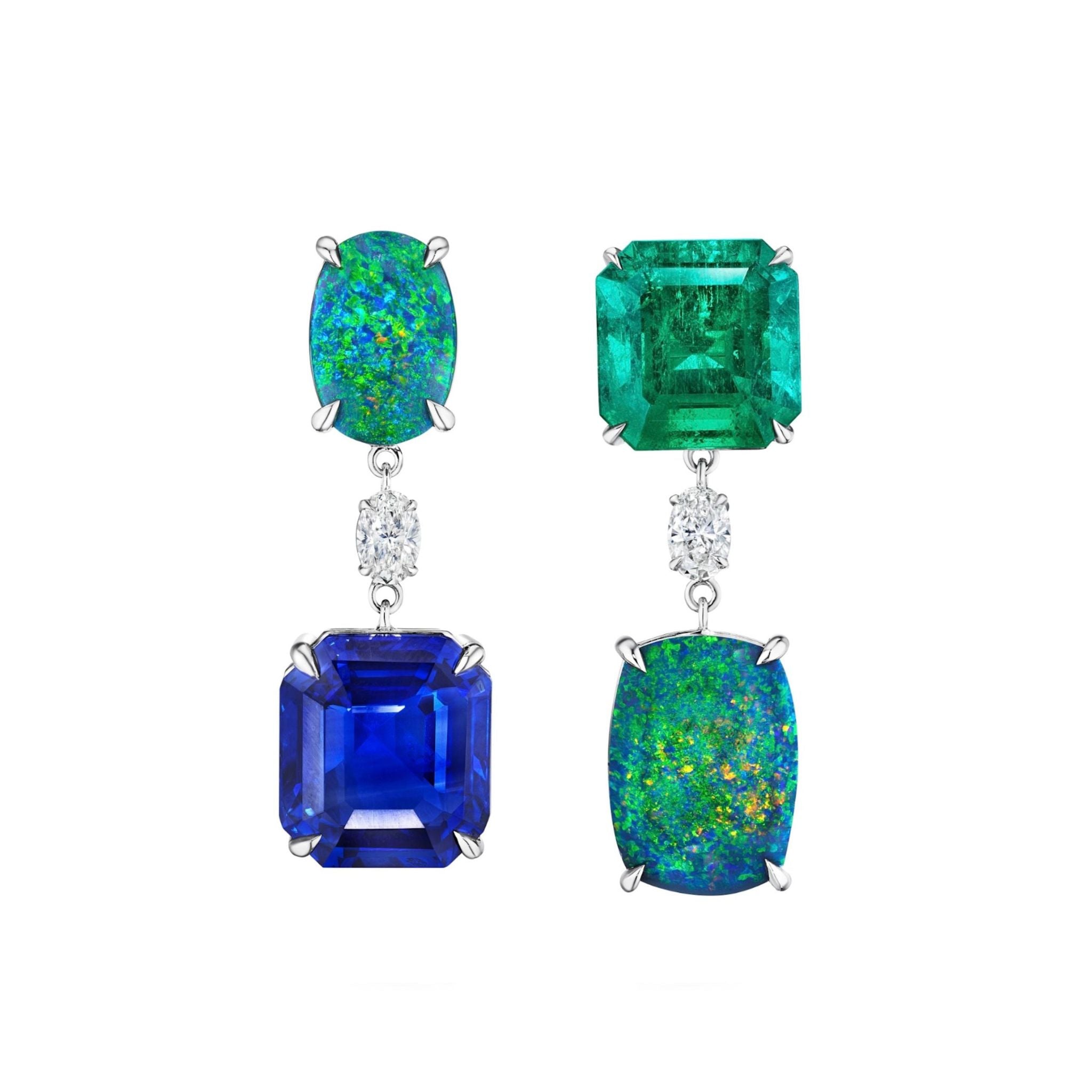 The Asscher Cut Sapphire, Emerald, Oval Boulder Opal and Diamond Drop Earrings in White Gold feature mismatched drops with green and blue gems, opals, and diamonds set in radiant 18k white gold.