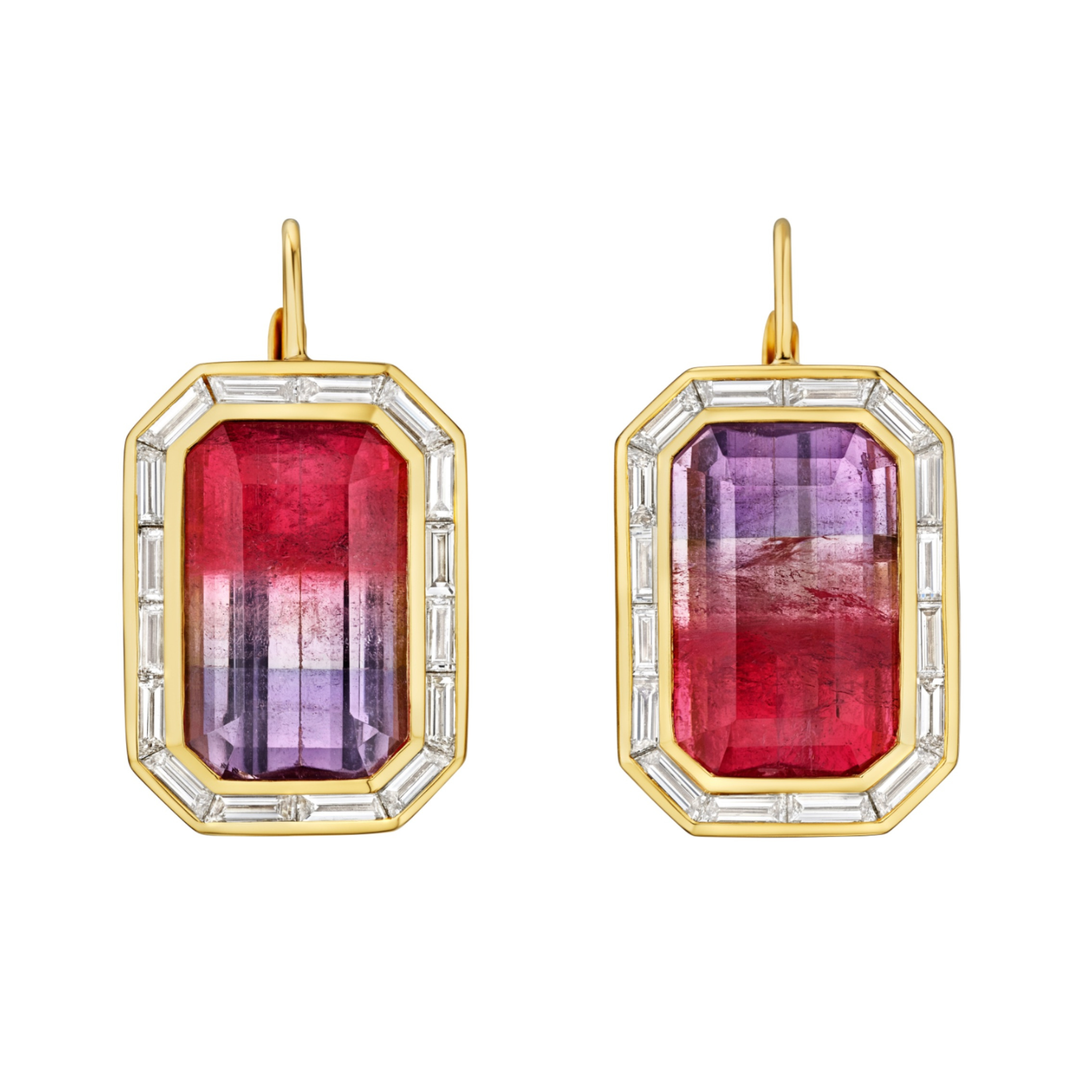 The Watermelon Tourmaline Drop Earring with Baguette Diamond Halo in Yellow Gold features bi-color gemstones in red and purple hues, set in gold with a baguette diamond border and elegant gold hooks.
