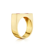 The Mixed Shape Ruby Bar Ring in Yellow Gold features a wide, flat, polished bar top with two small pear-cut rubies adding vibrant red accents. Photographed on a white background, its modern style is highlighted by the smooth yellow gold finish.