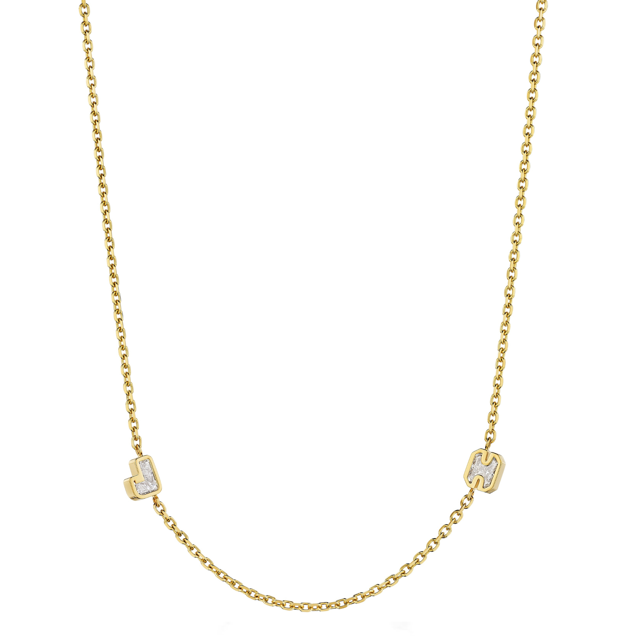 The Bespoke Bezel Set Diamond Initial Necklace in Yellow Gold showcases two gold-framed letter charms, each with sparkling diamond initials spaced along the chain—ideal for personalizing with your favorite letters.