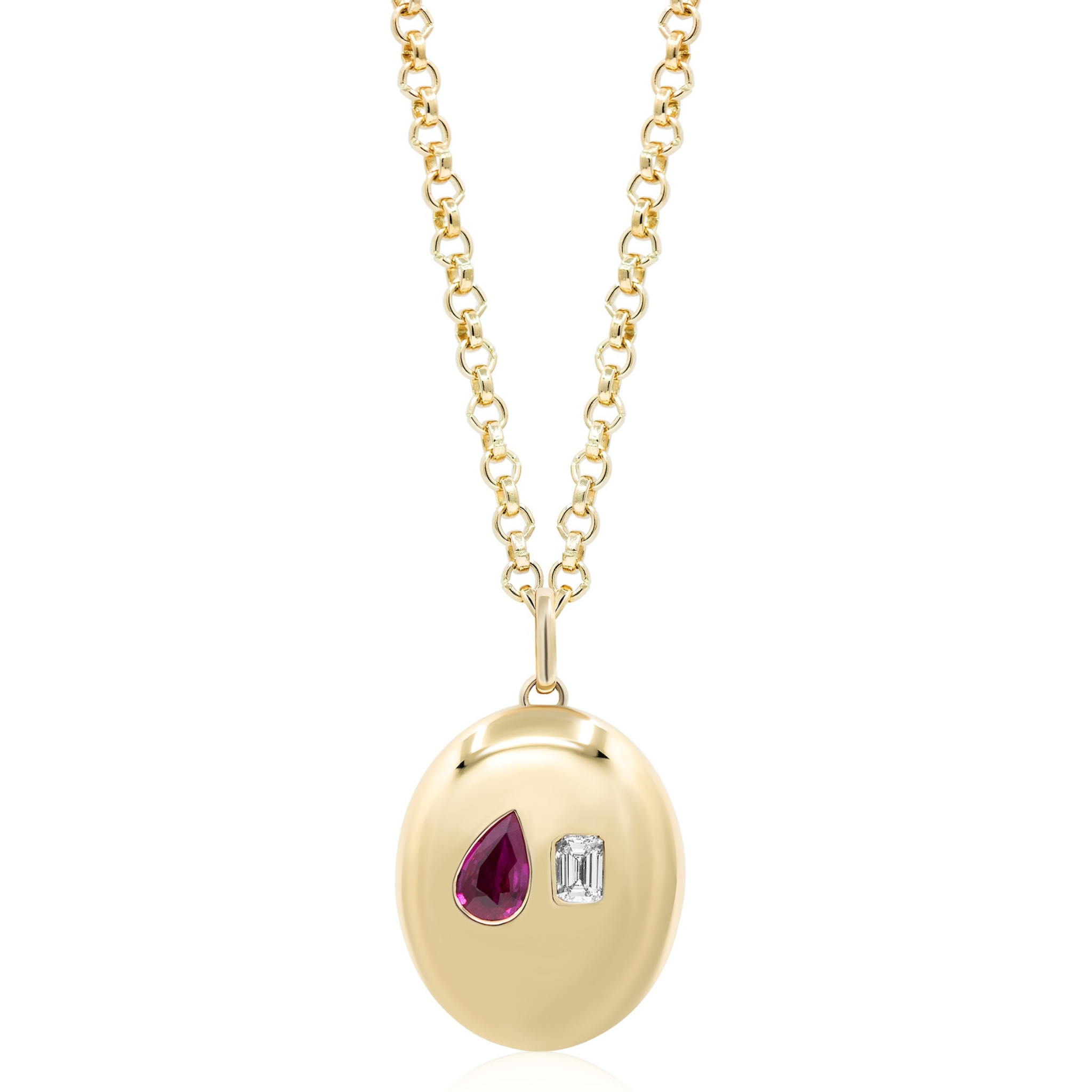 Bespoke Burnish Set necklace featuring a yellow gold pendant adorned with a pear shape ruby and an emerald cut diamond, set elegantly on its smooth surface.