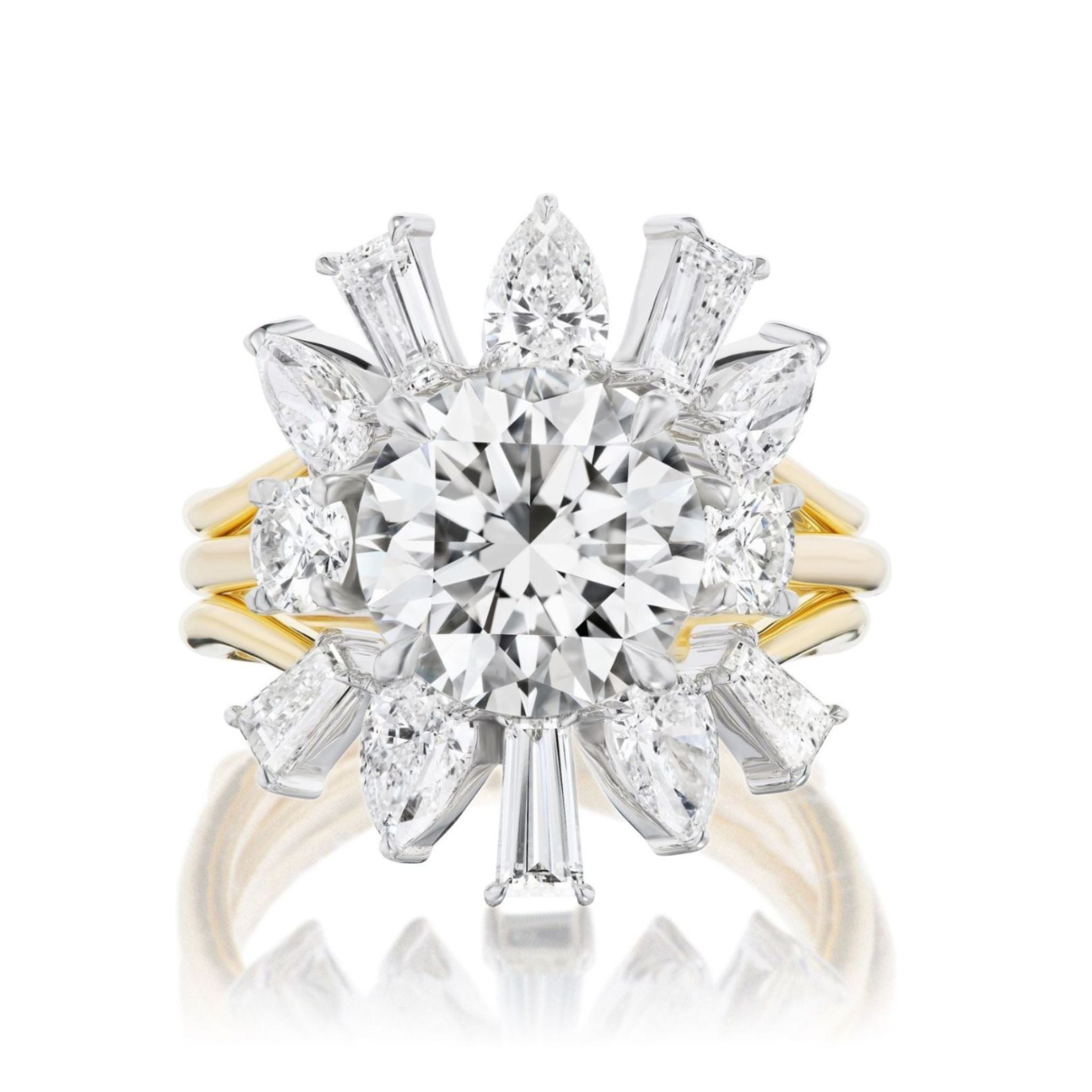 The gold ring with a starburst of diamonds perfectly pairs with the Bespoke Confetti Diamond Ring Jacket in White and Yellow Gold for a customizable diamond jewelry look.