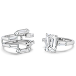 The Geometric Bezel Set Baguette and Asscher Cut Diamond Ring Jacket in white gold is showcased on a white background, featuring striking baguette diamonds, geometric patterns, and an emerald-cut center diamond accent.