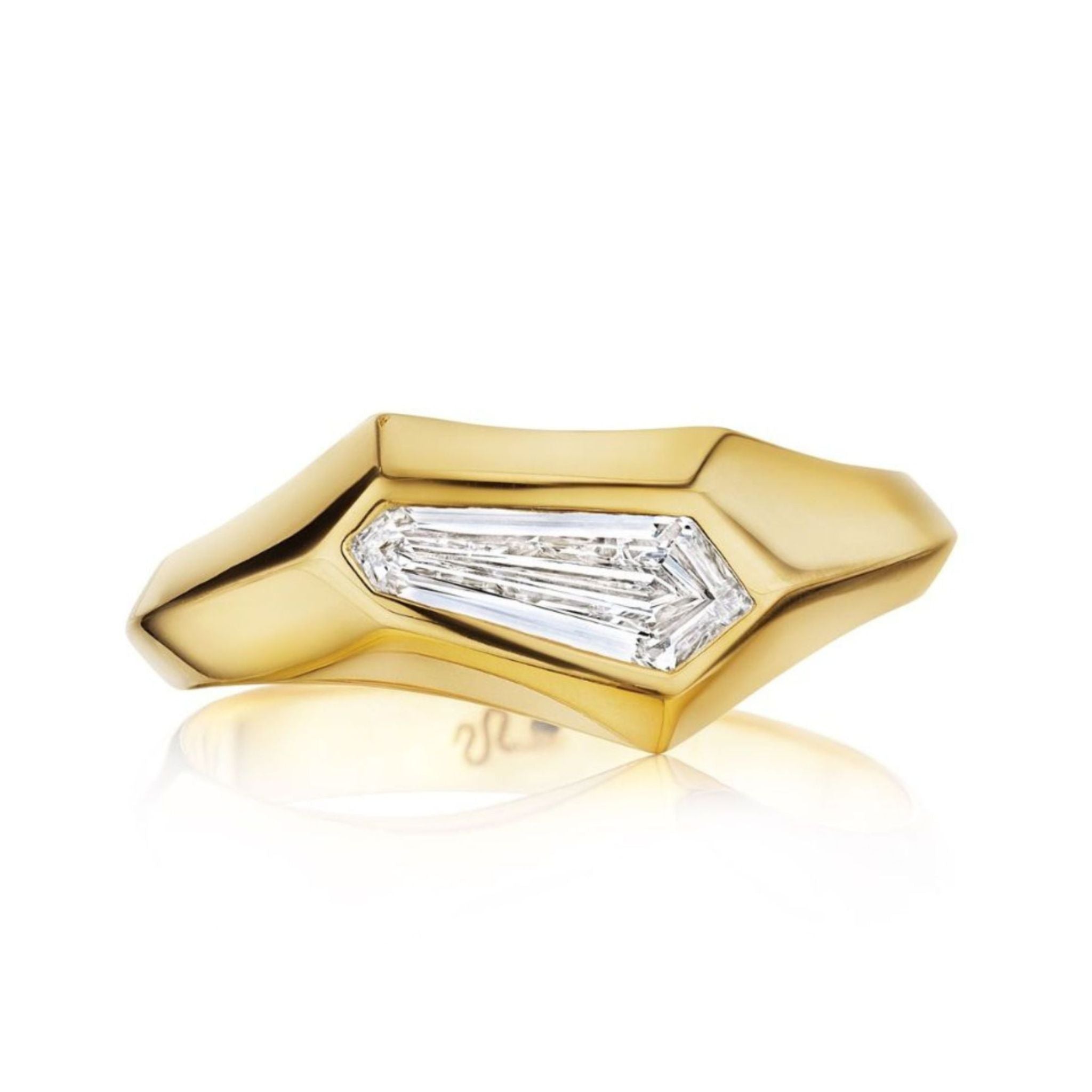 The Geometric Burnish Set Ring in Yellow Gold showcases a shield-cut diamond with a modern geometric design. Displayed on a white background, this customizable piece adds a unique touch to any jewelry collection.