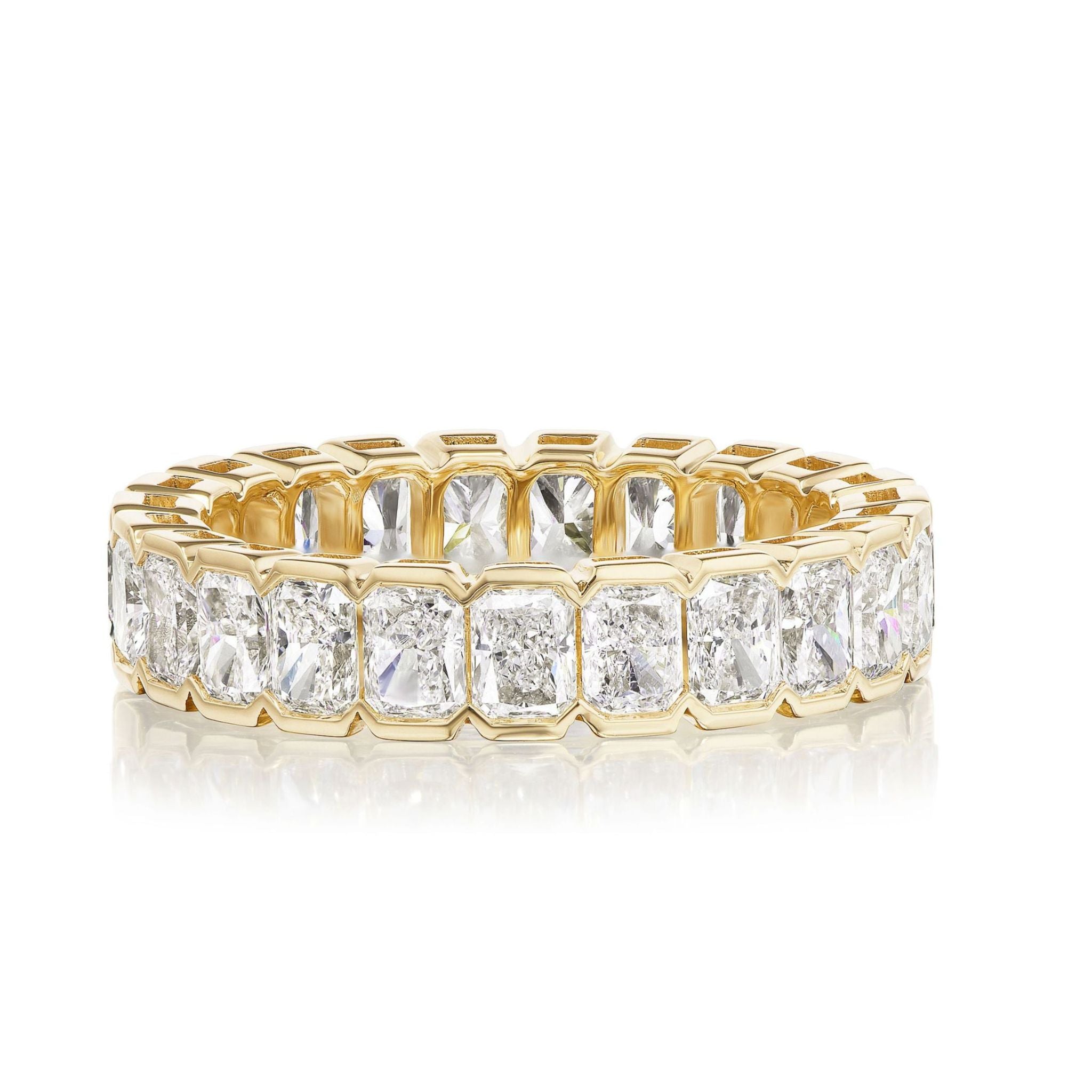 The Radiant Cut Diamond Eternity Band in Yellow Gold, size 7, features a continuous row of radiant cut diamonds set in polished 18K yellow gold and is displayed on a reflective white background.