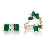 The Geometric Emerald Cut Emerald and Diamond Ring Jacket in Yellow Gold features emerald cut emeralds, diamond shapes, and pavé diamond bands in an abstract design.