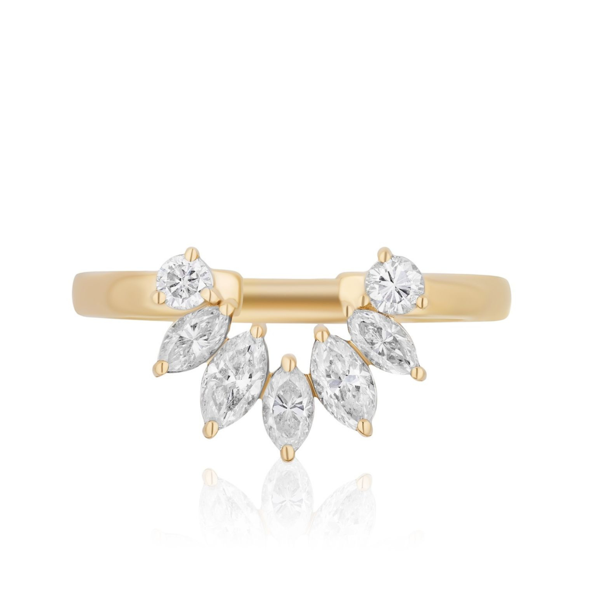 The Marquise and Round Diamond Ring Jacket in Yellow Gold features two round and five marquise-cut diamonds in a fan arrangement, offering an elegant, modern look. Shown on a white background with a subtle reflection.