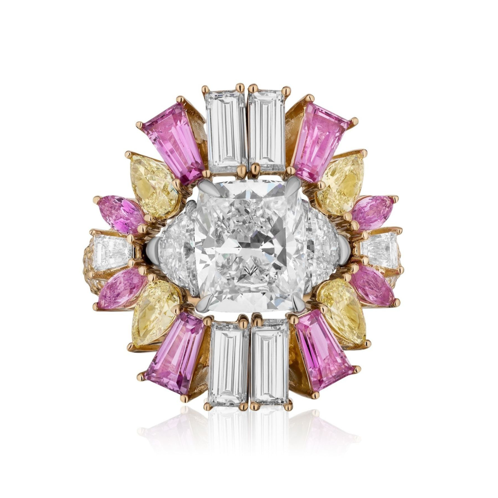 A statement ring with a large cushion-cut diamond, yellow diamonds, and white stones in a floral design—beautifully paired with the Mixed Shape Diamond, Yellow Diamond, and Pink Sapphire Ring Jacket in Rose Gold.