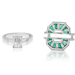 Two rings on a white background: one with a rectangular emerald-cut diamond and a plain band, the other is the Mosaic Tapered Baguette Emerald and Diamond Ring Jacket in white gold with pavé diamond band.