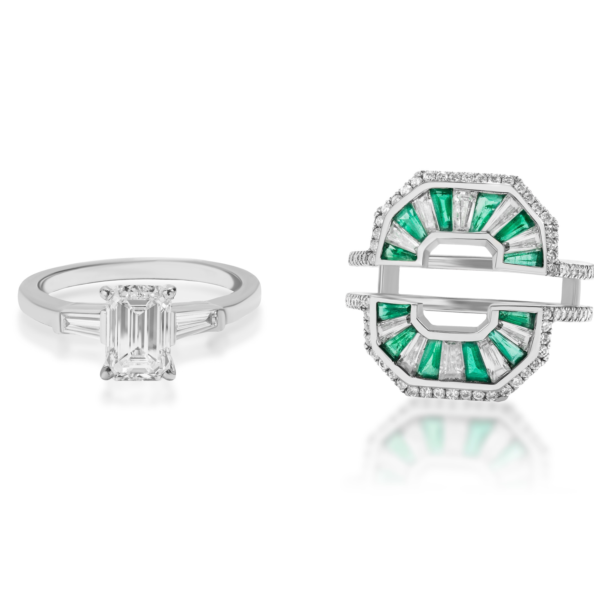 Two rings on a white background: one with a rectangular emerald-cut diamond and a plain band, the other is the Mosaic Tapered Baguette Emerald and Diamond Ring Jacket in white gold with pavé diamond band.