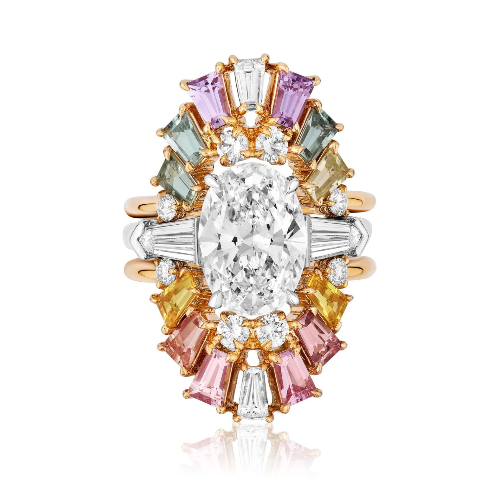 The Multicolor Tapered Baguette Sapphire and Round Diamond Ring Jacket in Yellow Gold showcases vibrant pink, yellow, green, and purple sapphires with sparkling round diamonds set in a luxurious yellow gold band.