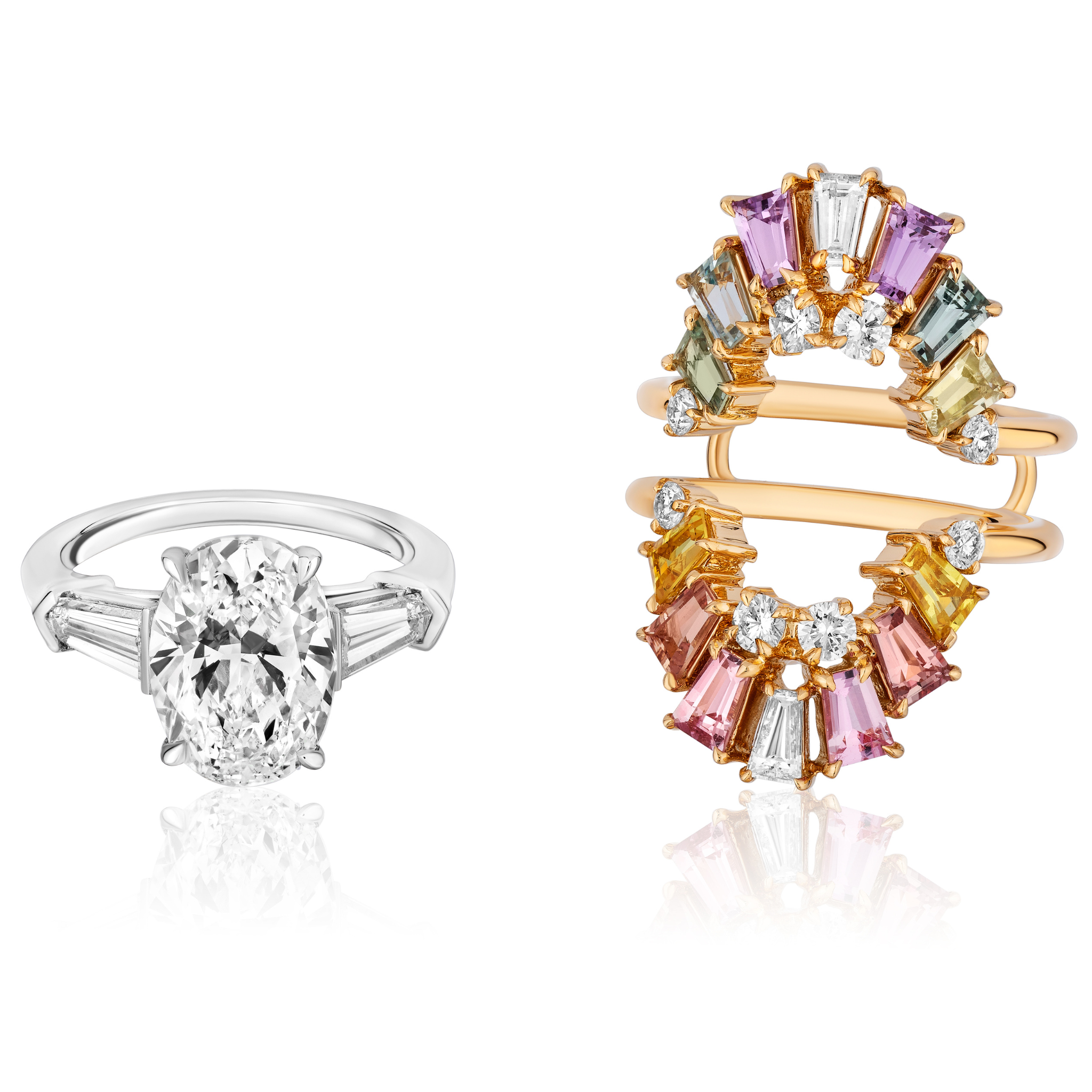 A silver diamond and sapphire ring with a large oval center and tapered baguette diamonds, paired with a Multicolor Tapered Baguette Sapphire and Round Diamond Ring Jacket in yellow gold featuring multicolored gemstones.
