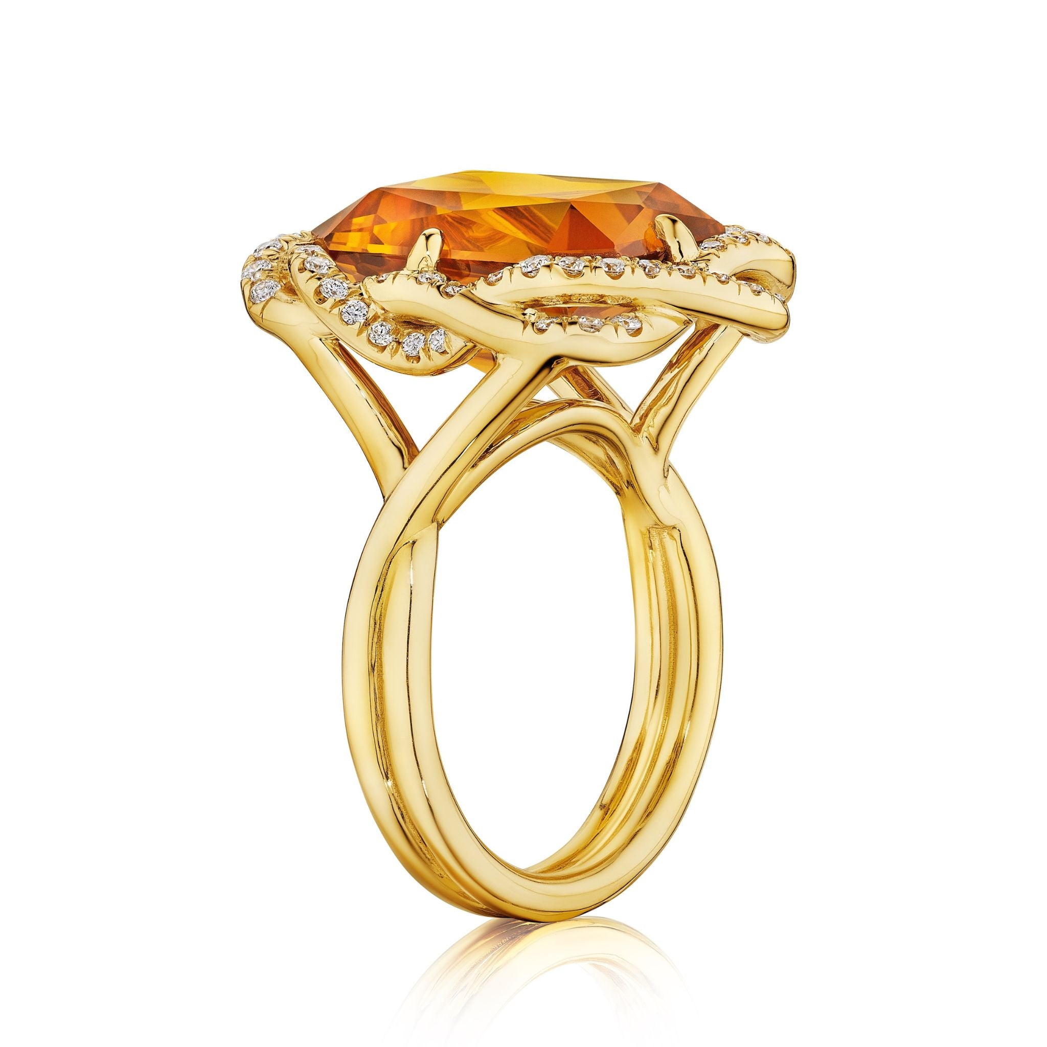 The Bespoke North-South Prong Set Emerald Cut Citrine Cocktail Ring in yellow gold features round pavé diamonds on a twisted double halo, displayed on a white background.