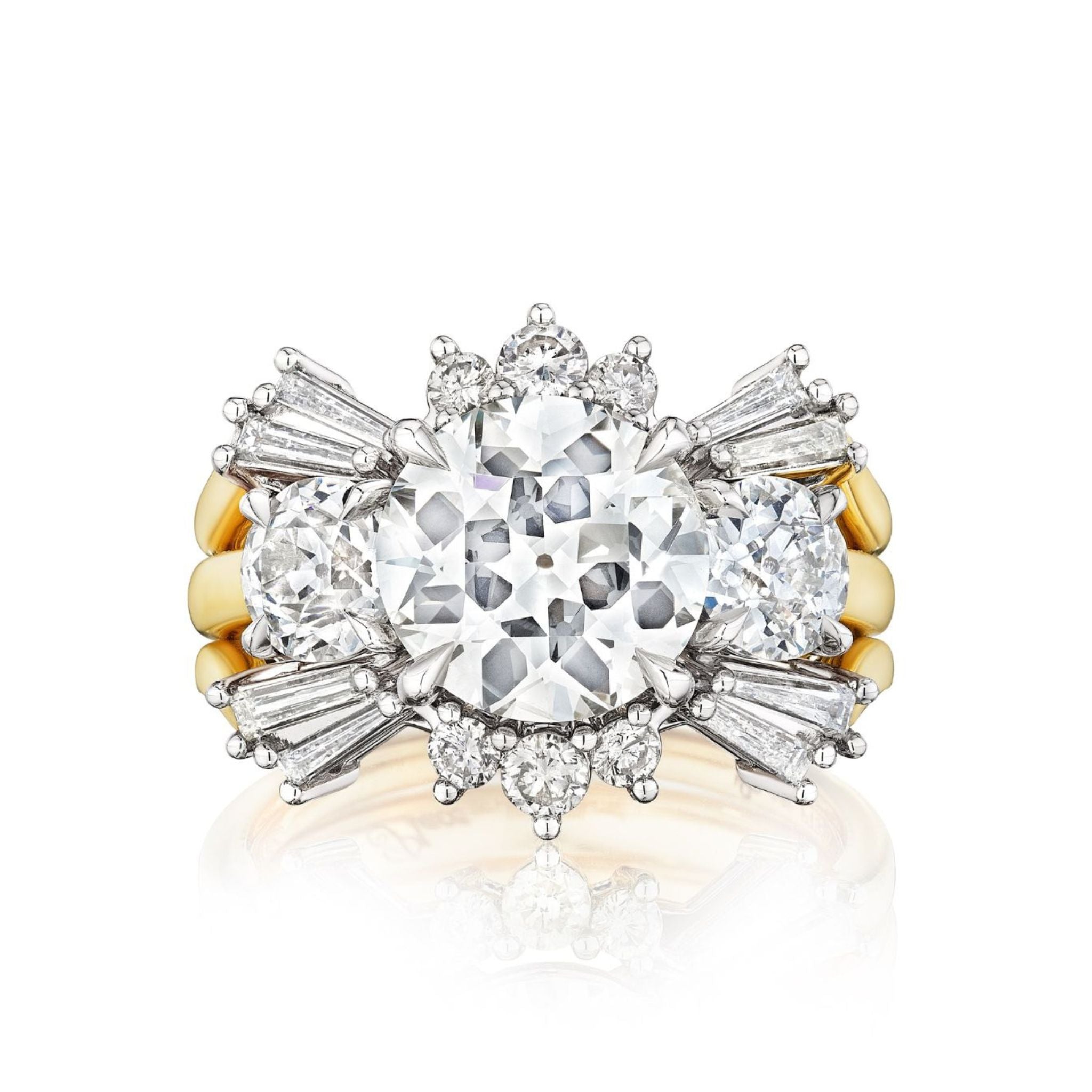 The Bespoke Round and Tapered Baguette Diamond Ring Jacket in Yellow Gold features a large round center diamond, flanked by two smaller round diamonds, with baguette and round diamonds in an elaborate, symmetrical design.