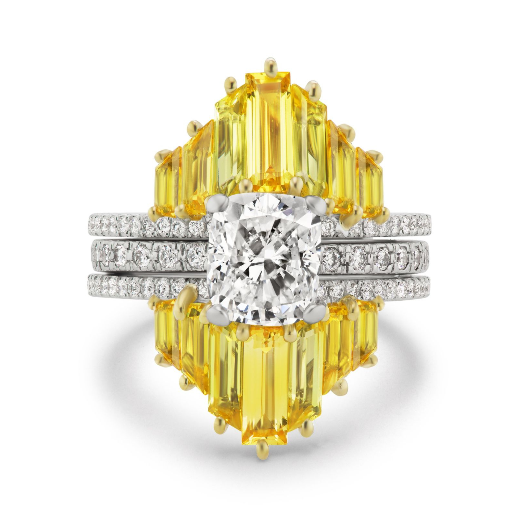 The Yellow Baguette Sapphire Ring Jacket in White Gold features a cushion-cut white diamond center, yellow baguette sapphires on each side, and three pavé diamond bands for added brilliance.