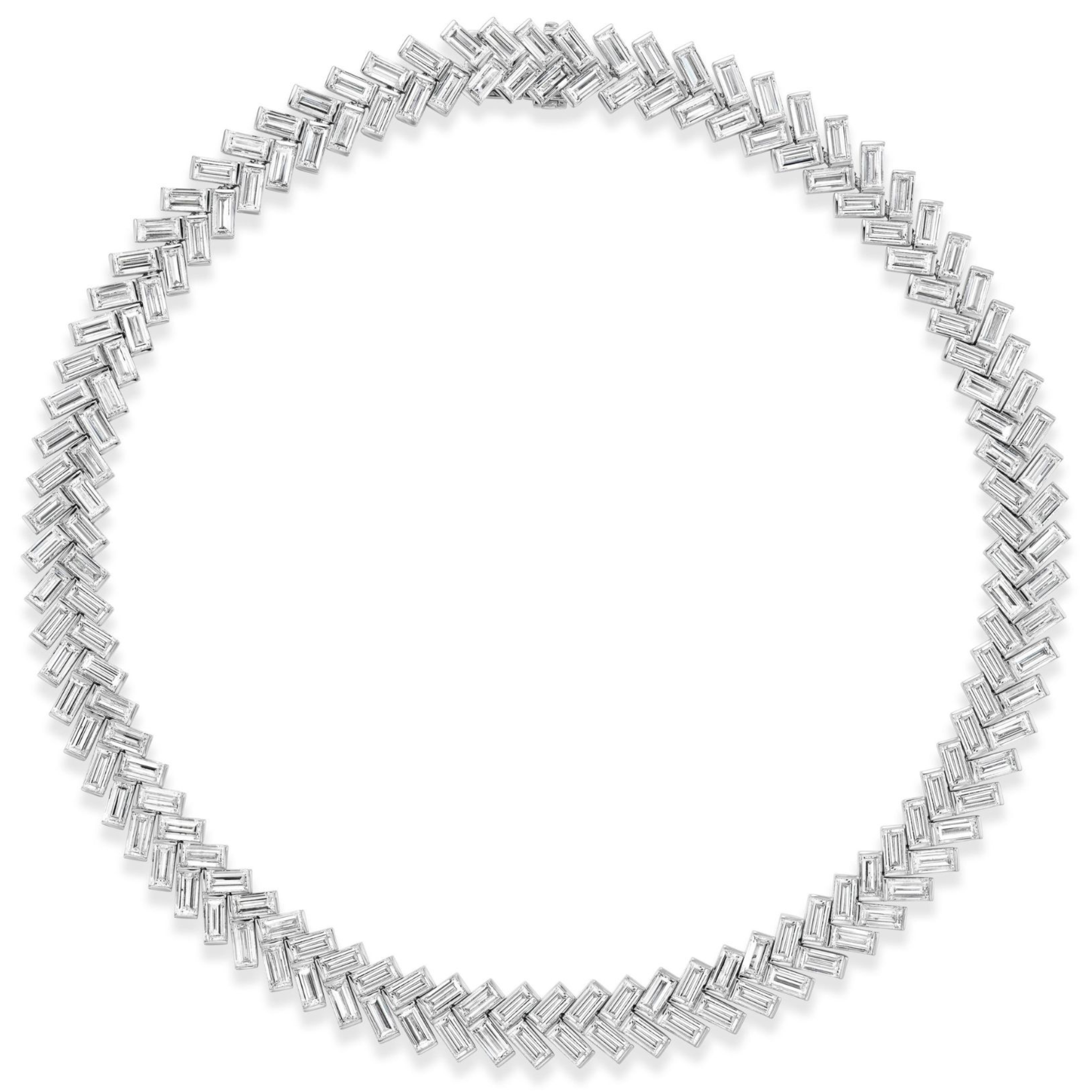 The Bezel Set Chevron Diamond Tennis Necklace in White Gold features two rows of rectangular, baguette-cut diamonds with VVSI2-VS1 clarity in a zigzag pattern, forming a circular chain against a white background.