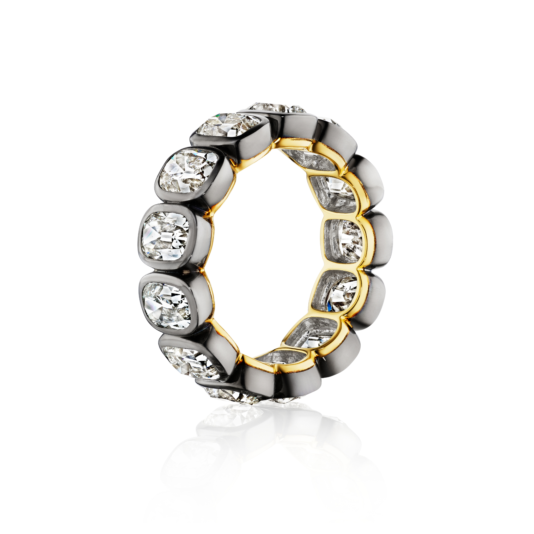 Bezel Set Cushion Cut Diamond Eternity Band in Black Rhodium displayed upright on a white background, showcasing VS clarity cushion cut diamonds set in dark metal bezels around the entire 18k yellow gold ring.