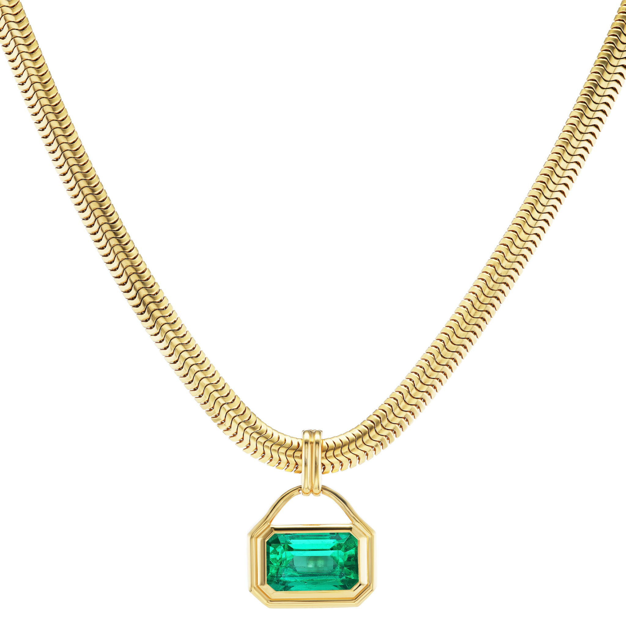 The Bezel Set East-West Emerald Cut Emerald Charm Pendant Necklace in Yellow Gold is displayed centered on a white background, showcasing its rectangular emerald pendant set in gold.