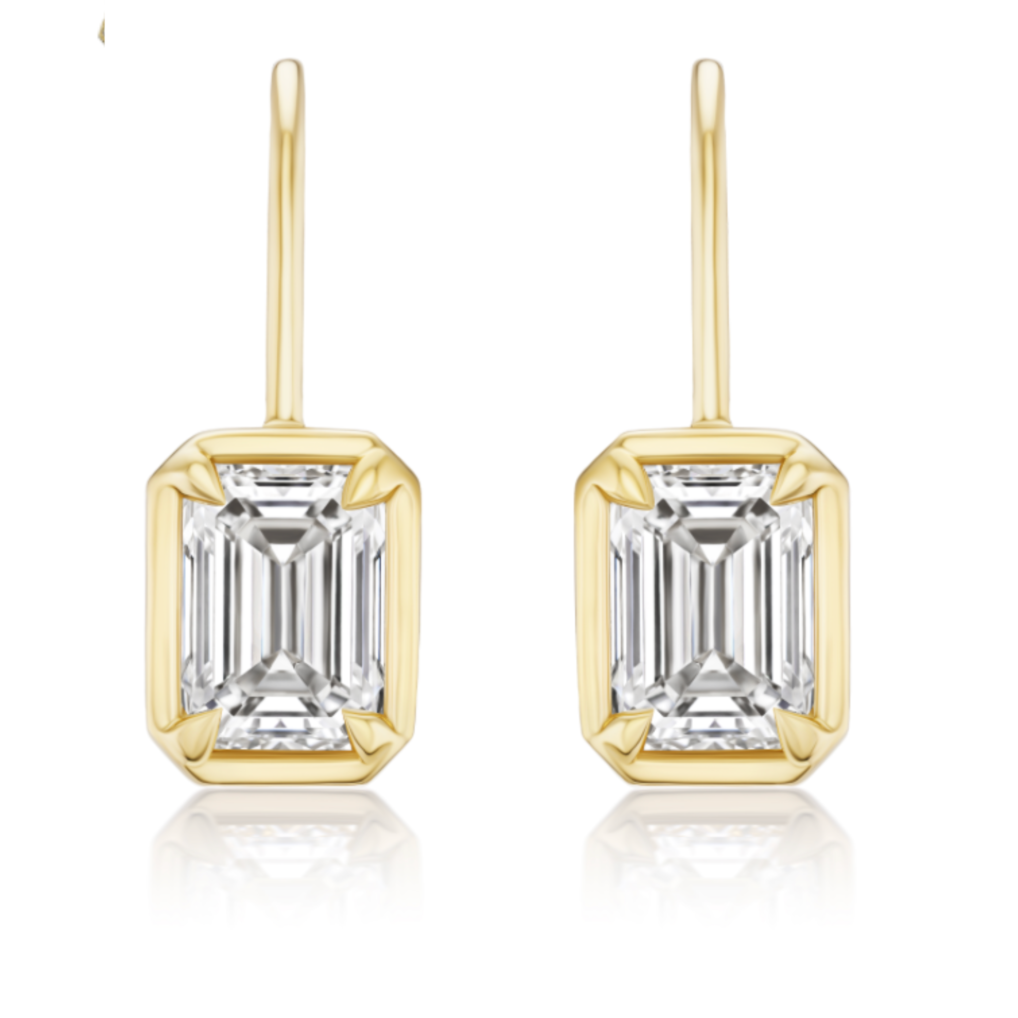 The Bezel Set Emerald Cut Diamond Ear Jacket in Yellow Gold features rectangular emerald-cut diamonds totaling 4.03TCW in a modern 18k yellow gold setting, showcased against a white background.