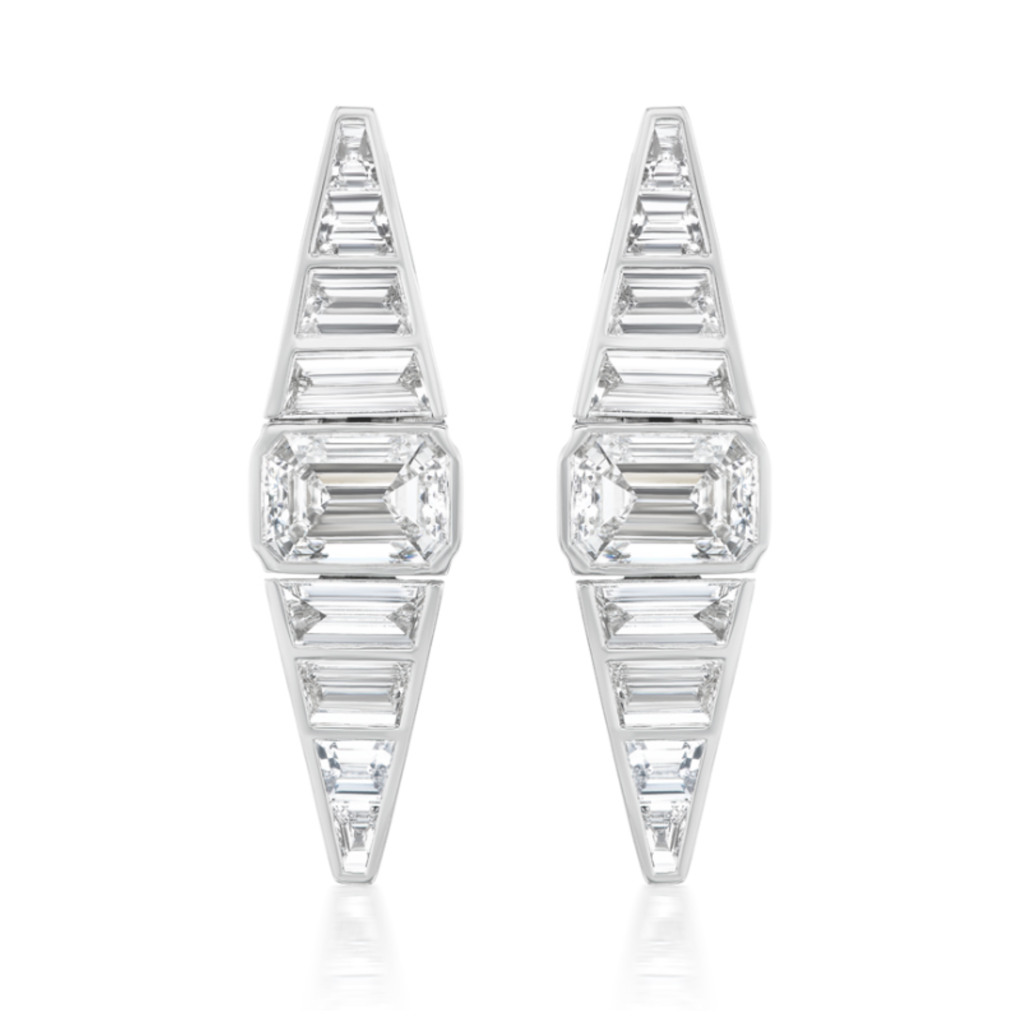 Emerald Cut Diamond Center Stone Earrings with channel set trapezoid baguette diamonds in 18k white gold, featuring a geometric, elongated design.