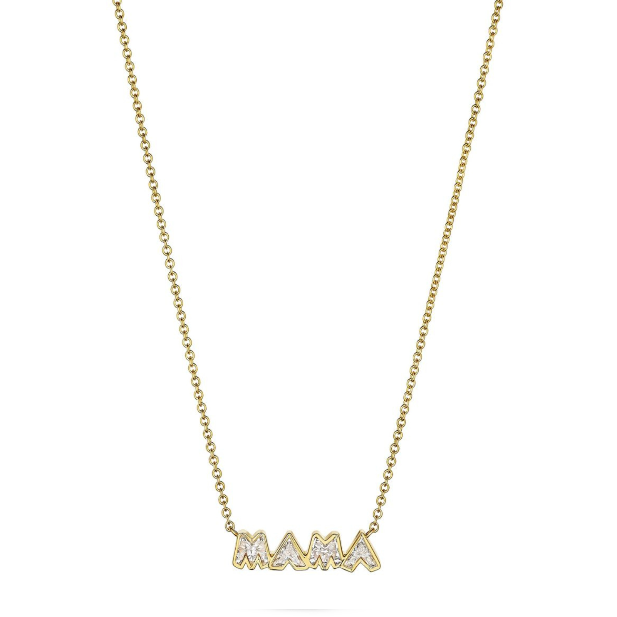 The Bezel Set "Mama" Diamond Pendant Chain Necklace in Yellow Gold features block diamond letters outlined in gold and filled with sparkling stones.