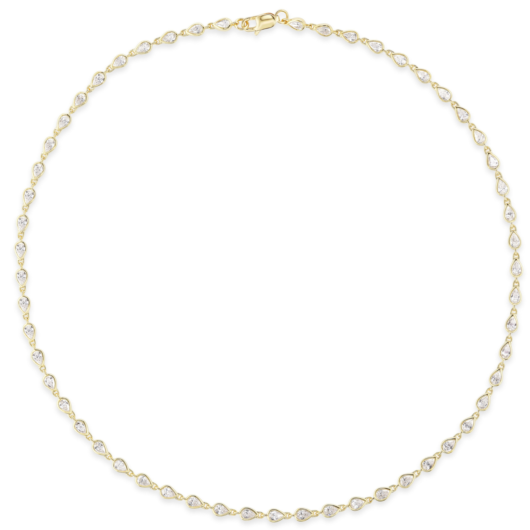 The Bezel Set Pear Shape Diamond Garland Necklace is crafted in 18K gold, featuring evenly spaced pear-shaped diamonds in a continuous loop with a sleek clasp at the top.